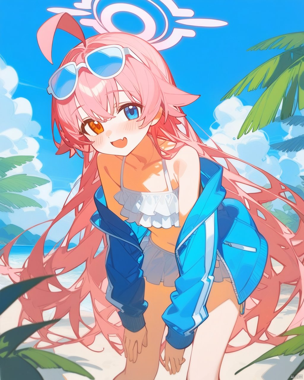 1girl,absurdres,ahoge,bikini,bikini_skirt,blue_archive,blue_jacket,blush,collarbone,,eyewear_on_head,fang,flat_chest,frilled_bikini,frills,halo,heterochromia,highres,hoshino_(blue_archive),hoshino_(swimsuit)_(blue_archive),jacket,jacket_partially_removed,leaning_forward,long_hair,looking_at_viewer,ciloranko,outdoors,pink_hair,skin_fang,solo,swimsuit,tinted_eyewear,very_long_hair,white_bikini