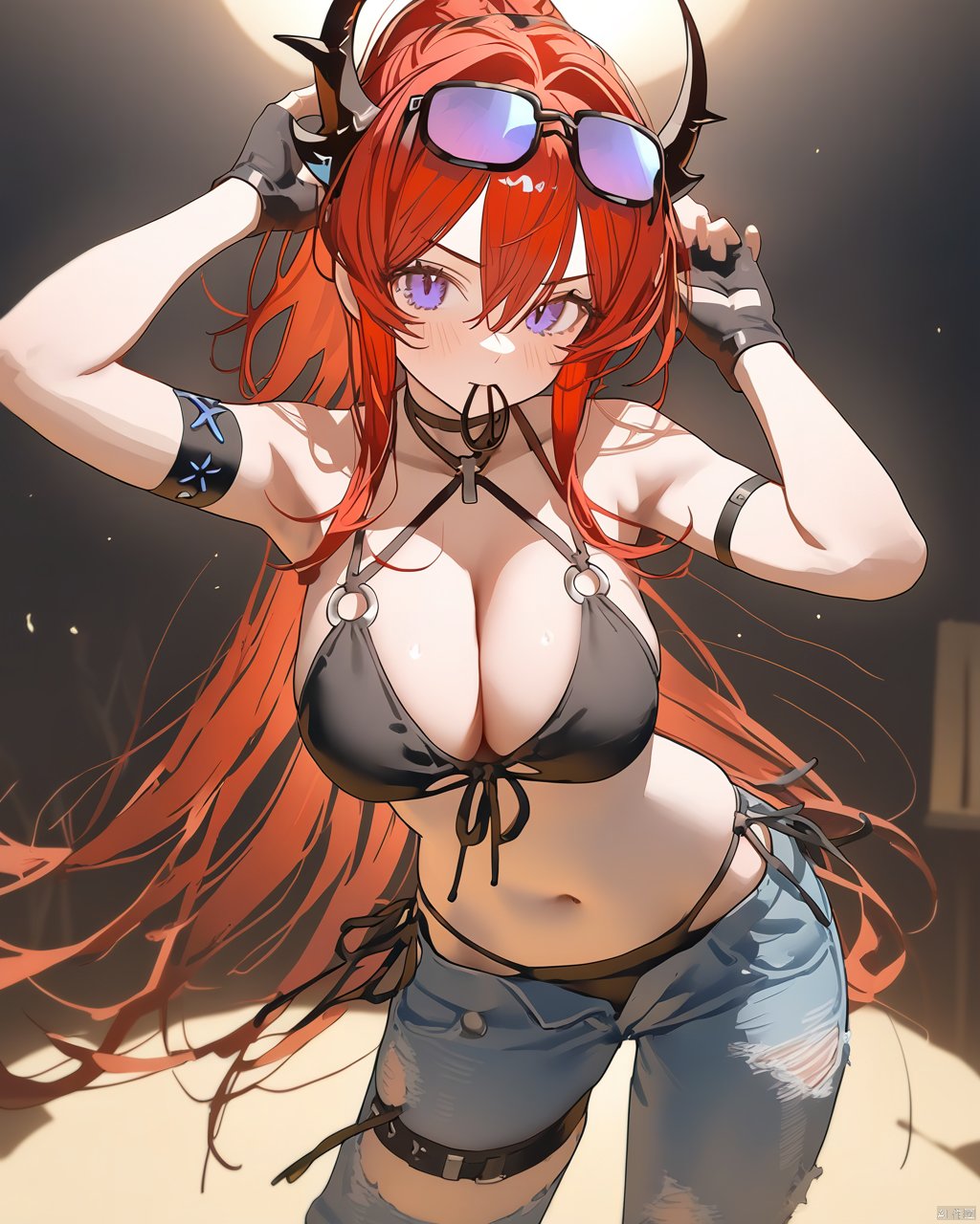  ((wlop)),ningen_mame,konya karasue, realistic,god light, 1girl, breasts, surtr (arknights), long hair, red hair, solo, swimsuit, purple eyes, bikini, eyewear on head, armpits, horns, black bikini, mouth hold, navel, looking at viewer, front-tie top, torn pants, denim, large breasts, pants, open fly, torn clothes, sunglasses, stomach, gloves, black gloves, arms up, cowboy shot, fingerless gloves, jeans, very long hair, front-tie bikini top, cleavage, hair between eyes, hair tie in mouth, arm strap, bangs, bare shoulders, string bikini, torn jeans, tying hair, blue pants, standing, thigh strap, side-tie bikini bottom, halterneck, demon horns, star (symbol), o-ring