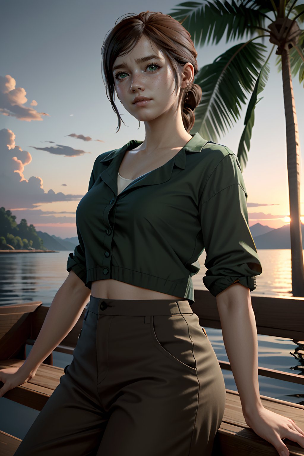 ((ultra detailed, masterpiece, absurdres))
TLOUEllie, 1girl, brown hair, green eyes, Sailboat anchored in a tranquil tropical bay, dynamic sunset , Draped satin blouse with wide-leg palazzo pants
