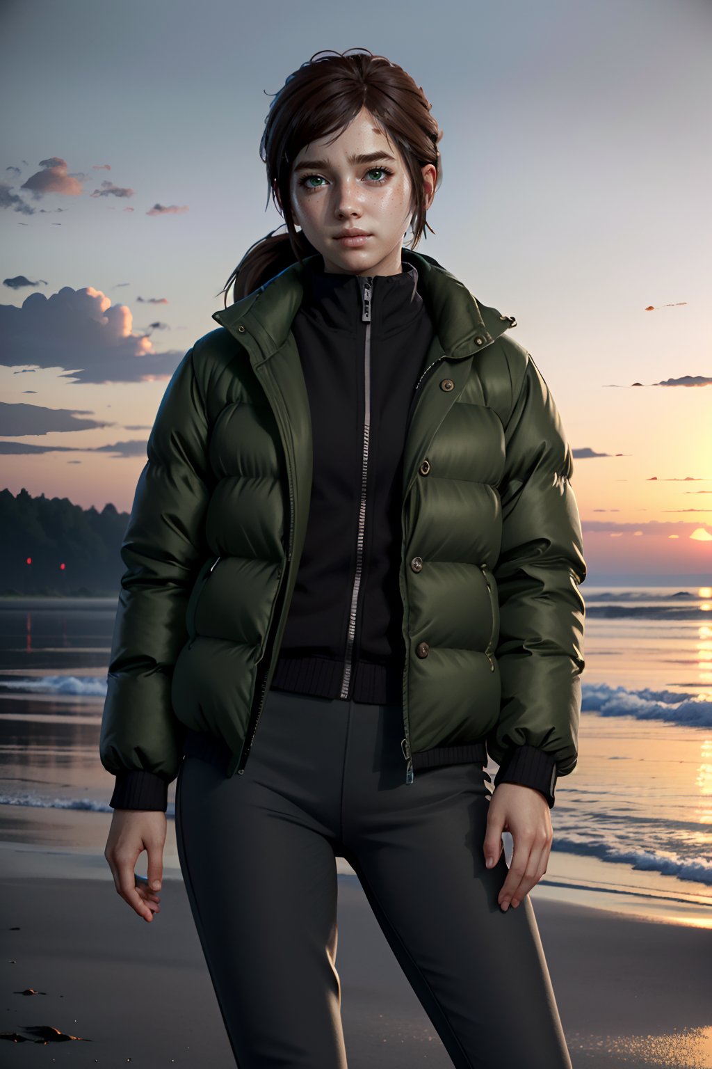 ((ultra detailed, masterpiece, absurdres))
TLOUEllie, 1girl, brown hair, green eyes, Sunset on a Tranquil Beach with Pastel Hues , Puffer jacket, oversized sweater, leggings, chunky sneakers
