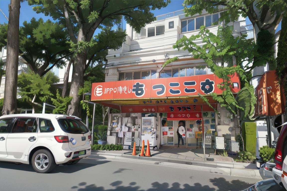 best quality, ultra-detailed, illustration,  moccos, scenery, storefront, japan, scenery, ground vehicle, tree, outdoors, traffic cone, building, bicycle, vending machine, sky, day, road, plant, sign, utility pole, blue sky, power lines, real world location, street, car, window <lora:moccosu_SD15_V1_DIM4:1>