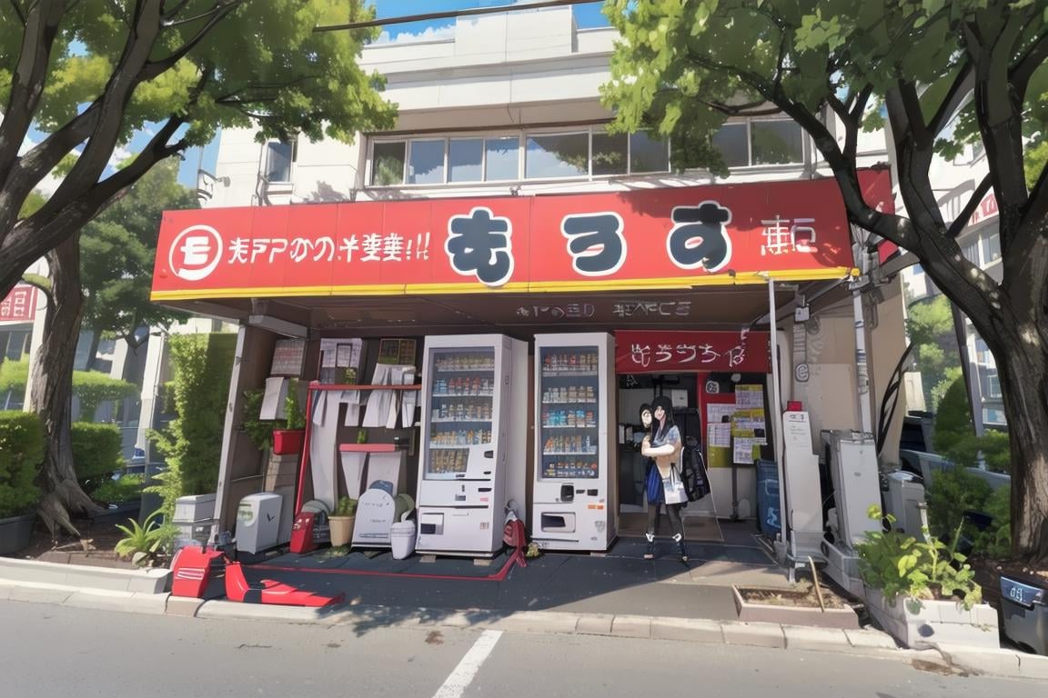 best quality, ultra-detailed, illustration,1girl, solo, glasses, black hair, long hair, field jacket, jeans, black bag, smile, laughing, looking at viewer,moccos, scenery, storefront, japan, vending machine, scenery, outdoors, tree, building, shop, sign<lora:moccosu_SD15_V1_DIM4:0.8>