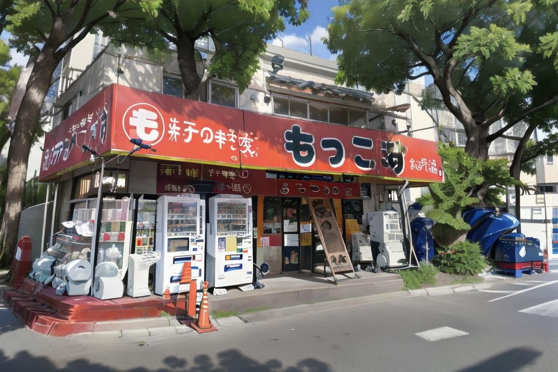 best quality, ultra-detailed, illustration,  moccos, scenery, storefront, japan, scenery, ground vehicle, tree, outdoors, traffic cone, building, bicycle, vending machine, sky, day, road, plant, sign, utility pole, blue sky, power lines, real world location, street, car, window <lora:moccosu_SD15_V1_DIM4:1>