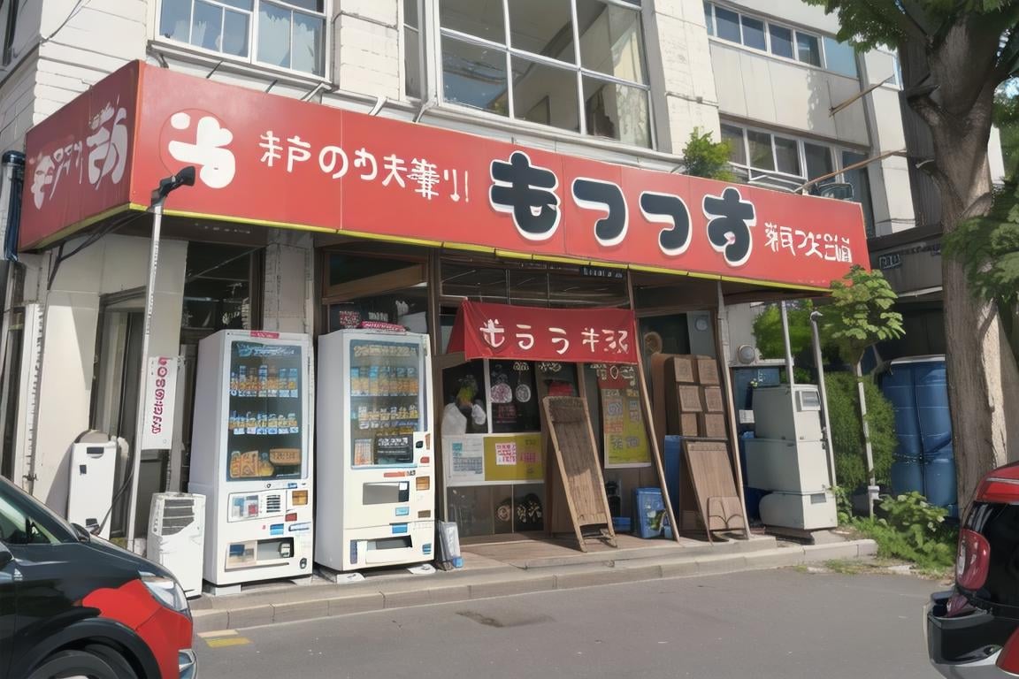 best quality, ultra-detailed, illustration,moccos, scenery, storefront, japan, ground vehicle, car, tree, scenery, outdoors, building, sign, vending machine, real world location, window, road, shop, plant<lora:moccosu_SD15_V1_DIM4:0.8>