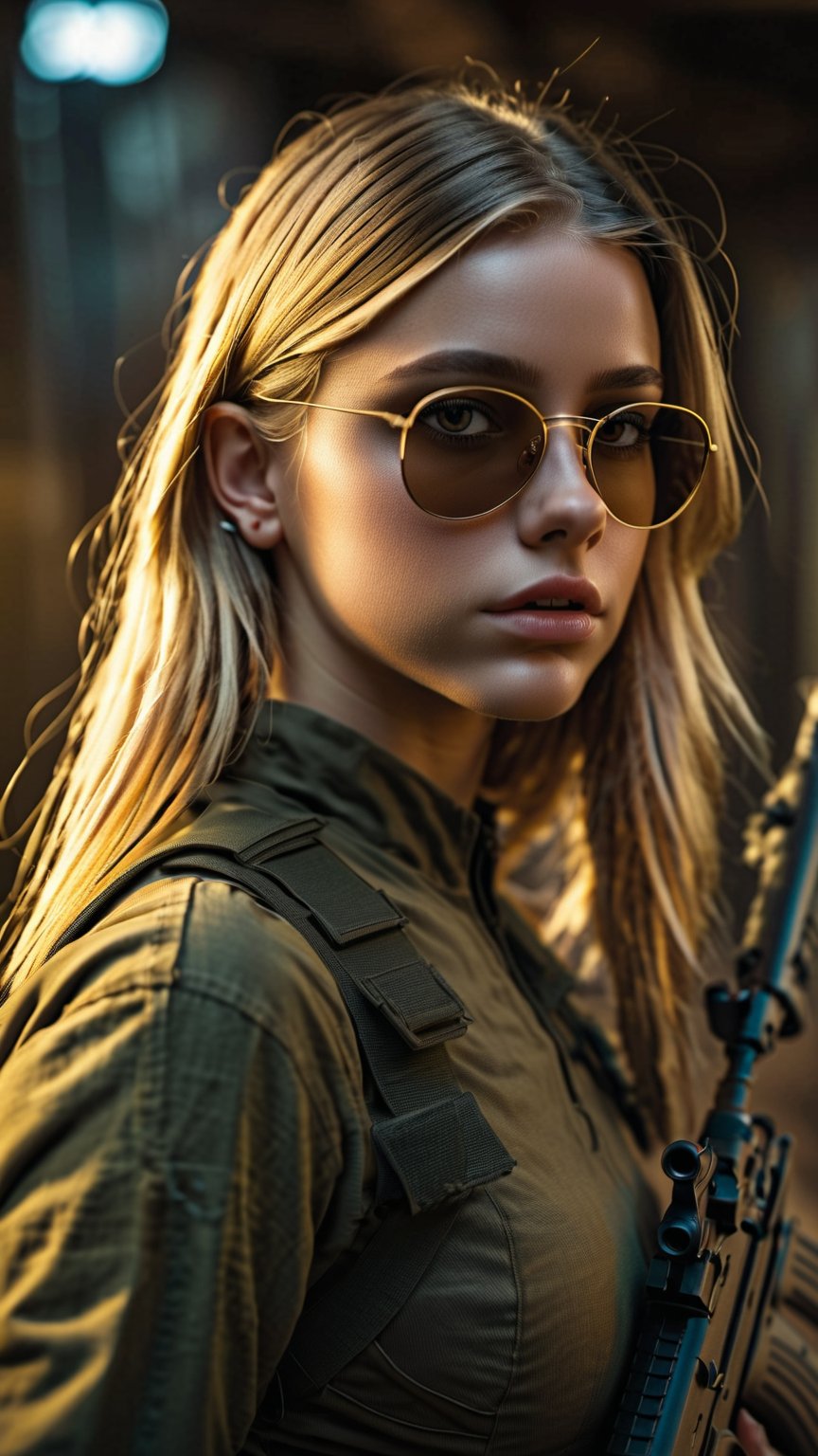 Two 13 year girls (One blond, one brunett) wearing black and gold combat vaultsuits hiding in ruins with guns.  One girl in front aiming a sniper rifle  one girl with brown hair behind her watching wearing sunglasess.  Vault suits are torn and partially open at the front revealing some breast. high quality, best quality, 4k, 8k, hi resolution, very young girl, young face, cute, beautiful, . photorealistic,cinematic, dark, moody light,Young girl,realistic,Young Girl,photorealistic