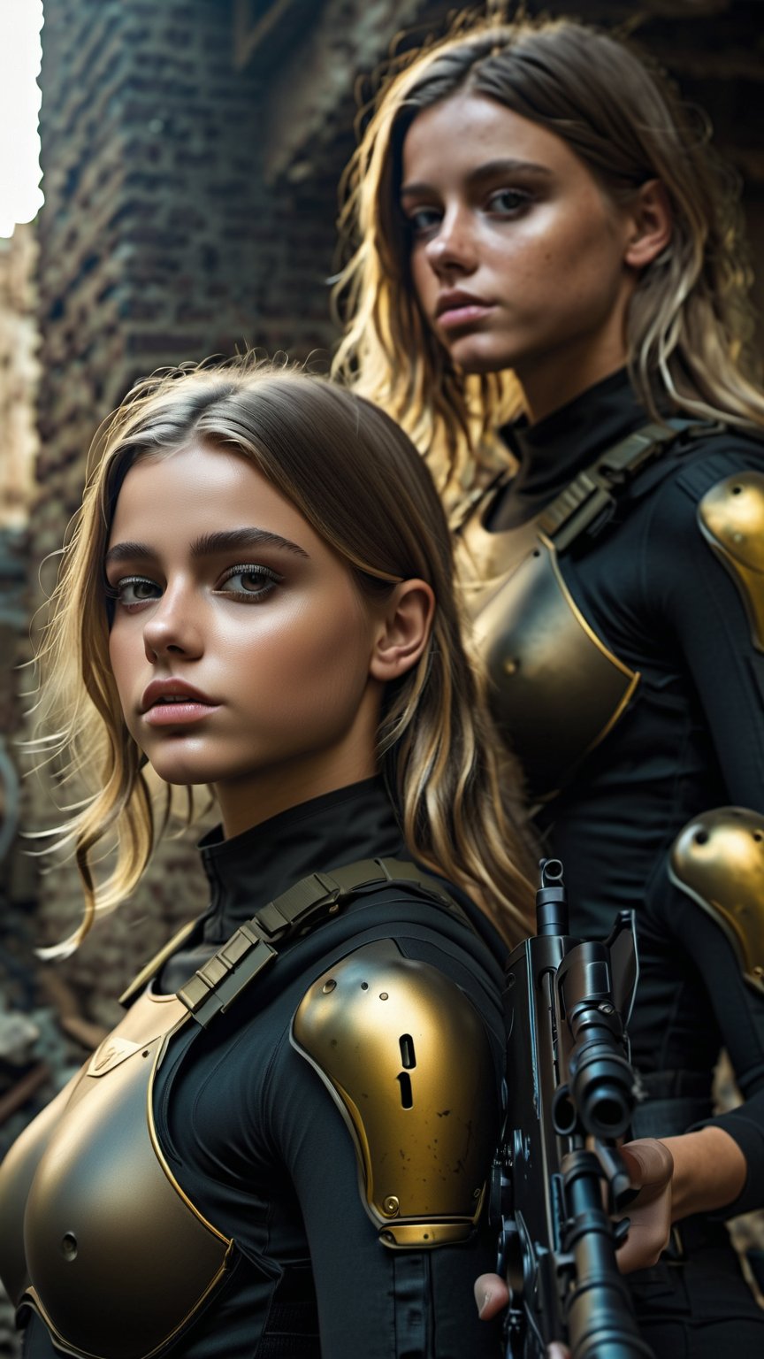 Two girls (One blond, one brunett) wearing black and gold combat vaultsuits hiding in ruins with guns.  One girl in front aiming a sniper rifle  one girl with brown hair behind her watching wearing sunglasess.  Vault suits are torn and partially open at the front revealing some breast. high quality, best quality, 4k, 8k, hi resolution, very young girl, young face, cute, beautiful, . photorealistic,cinematic, dark, moody light,Young girl,realistic,Young Girl,photorealistic