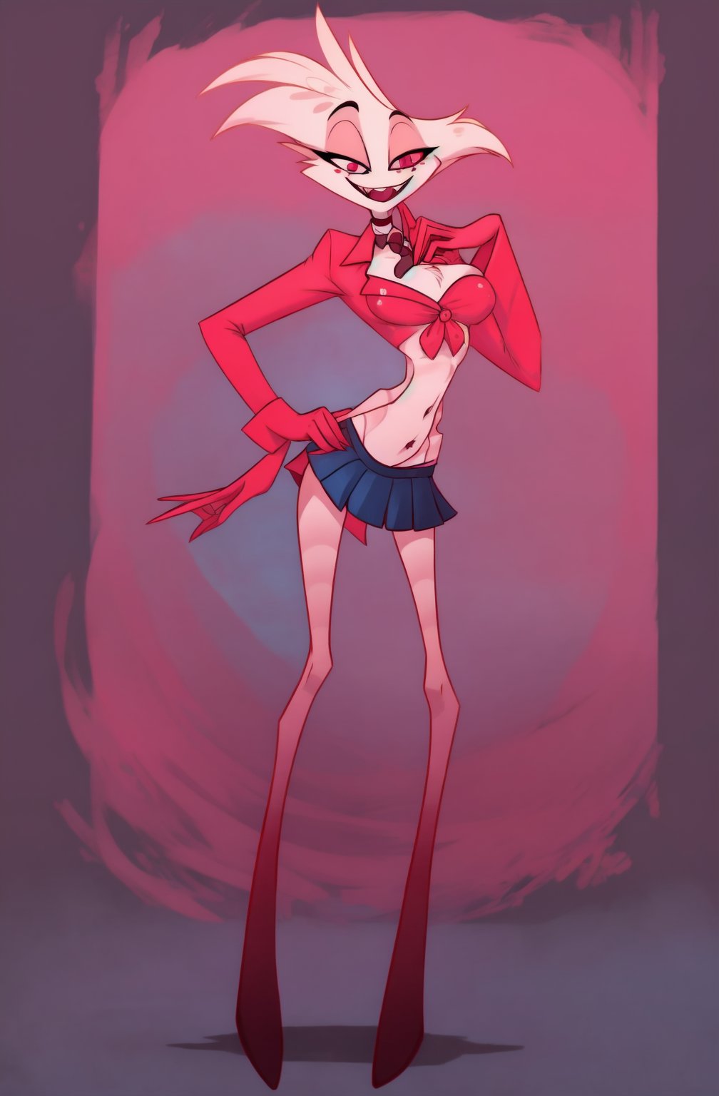 ((masterpiece, best quality, very detailed)), 1boy, solo, breasts, looking at viewer, smile, open mouth, standing, full body, pink eyes, colored skin, pink skin,

((angeldust)), demon, spider, ((skinny, tall, long legs)),

((schoolgirl clothes, crop top shirt, skirt, short skirt, white shirt, blue skirt, tie, pink tie, visible belly button)),