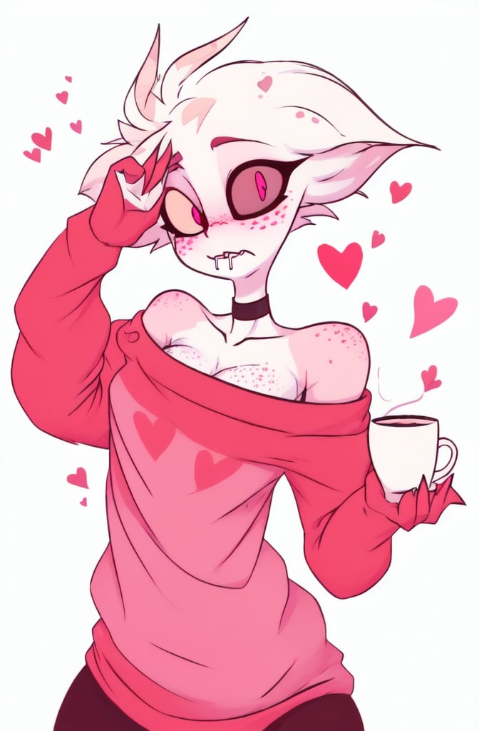 1boy, solo, looking at viewer, blush, simple background, red eyes, white background, holding, bare shoulders, upper body, white hair, heart, food, choker, fang, pink eyes, off shoulder, sweater, cup, sleeves past wrists, colored skin, black choker, mouth hold, drooling, furry, colored sclera, freckles, mug, furry boy, doughnut, off-shoulder sweater, pink sweater, pink skin,

((angeldust)), angeldust, demon spider