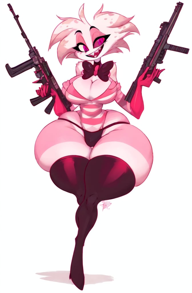 1boy, solo, breasts, looking at viewer, smile, open mouth, simple background, shirt, thighhighs, gloves, white background, bow, holding, cleavage, underwear, standing, full body, weapon, teeth, striped, black thighhighs, bowtie, pink eyes, holding weapon, gun, black bow, colored skin, holding gun, rifle, red gloves, legs apart, contrapposto, striped shirt, black bowtie, trigger discipline, pink skin, striped sweater,

((angeldust)), demon, spider, ((skinny, tall, long legs)),

(((huge hips, largest hips, massive hips, heavy ass, the widest, extreme large ass, wide hips))),