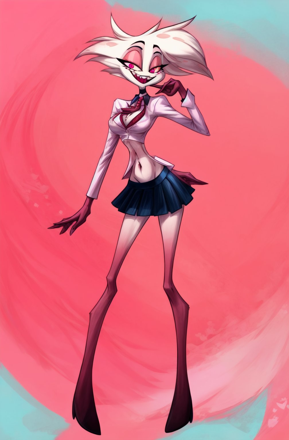 ((masterpiece, best quality, very detailed)), 1boy, solo, breasts, looking at viewer, smile, open mouth, standing, full body, pink eyes, colored skin, pink skin,

((angeldust)), demon, spider, ((skinny, tall, long legs)),

((schoolgirl clothes, crop top shirt, skirt, short skirt, white shirt, blue skirt, tie, pink tie, visible belly button)),