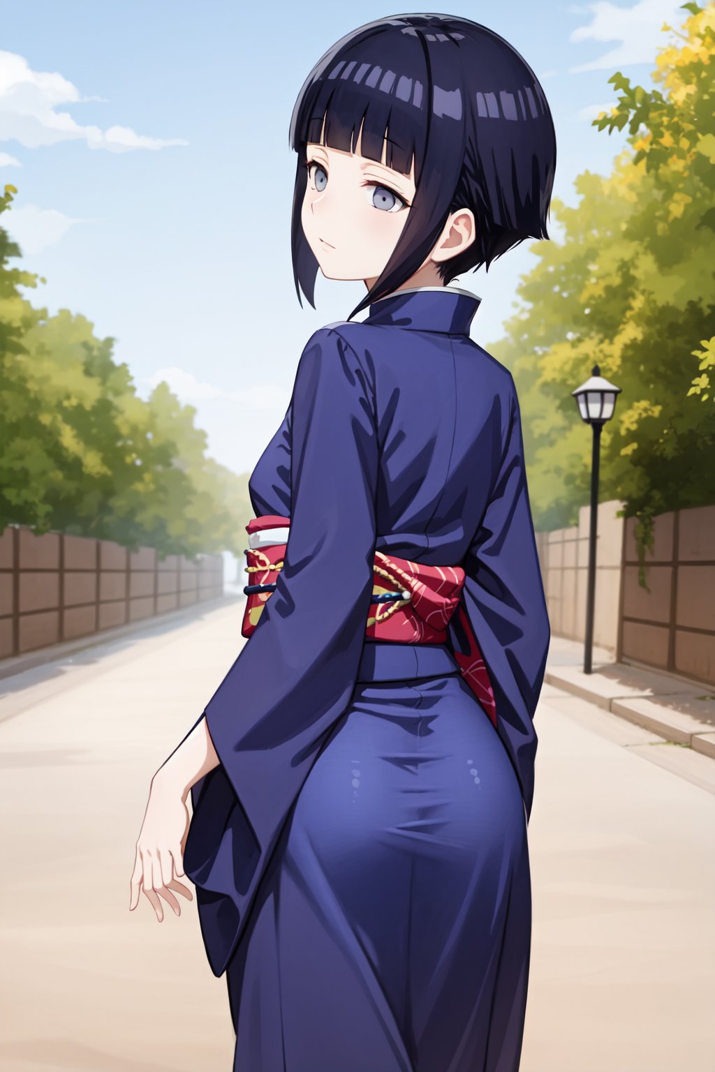 wallpaper,masterpiece, best quality, 
masterpiece, best quality, 
dark blue hair, ((blunt bangs)), ((short hair)), grey eyes, loli, small breasts, no pupils, 
kimono, black kimono, long hem, standing,from back, ass focus,
blue sky, outdoor,
,hinata