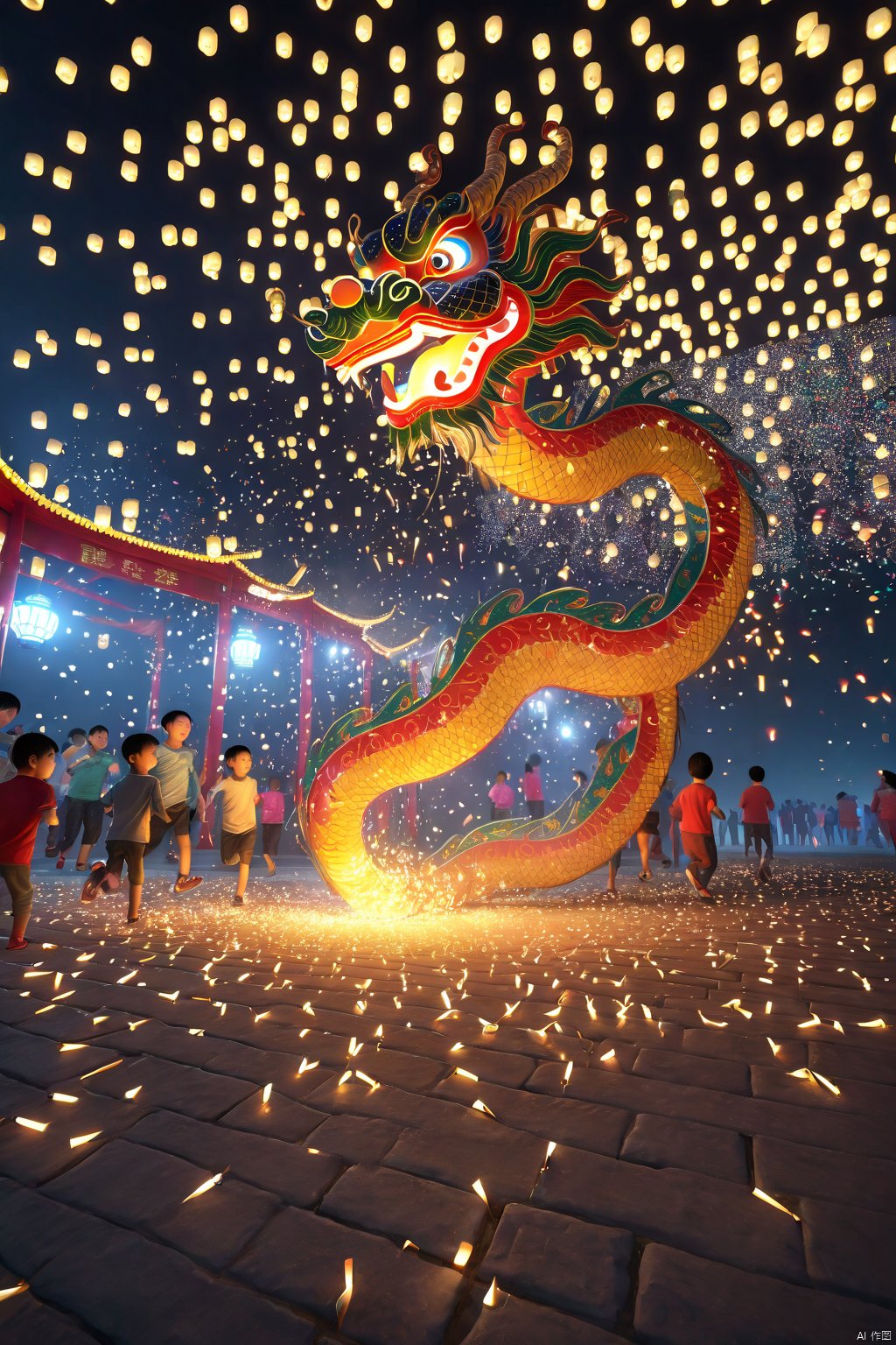  very detailed , realistic details , light particle effect, excellent work, extremely elaborate picture description,8k wallpaper, obvious light and shadow effects, ray tracing, obvious layers, depth of field, best quality
Chinese Dragon Spring Festival Firecrackers Children carry lanterns and run around thousands of lights