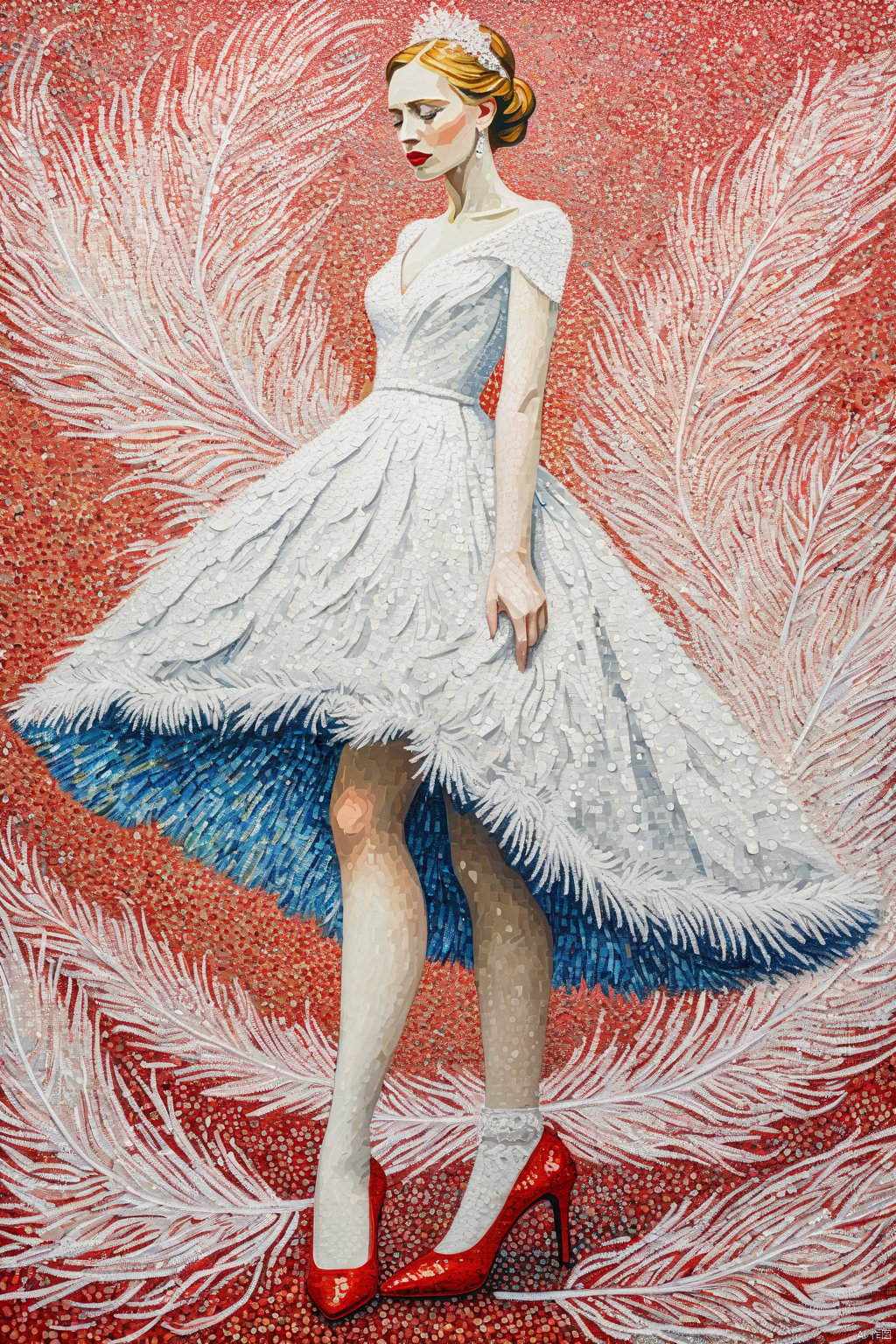  (8k, Best Quality, Masterpiece), Super Detail, (High Detail skin),Pointillism, Van Gogh style, illustration, High fashion wedding photography, wedding dress, dynamic hemline, dynamic pose, wedding feather, red high heels, background fade
