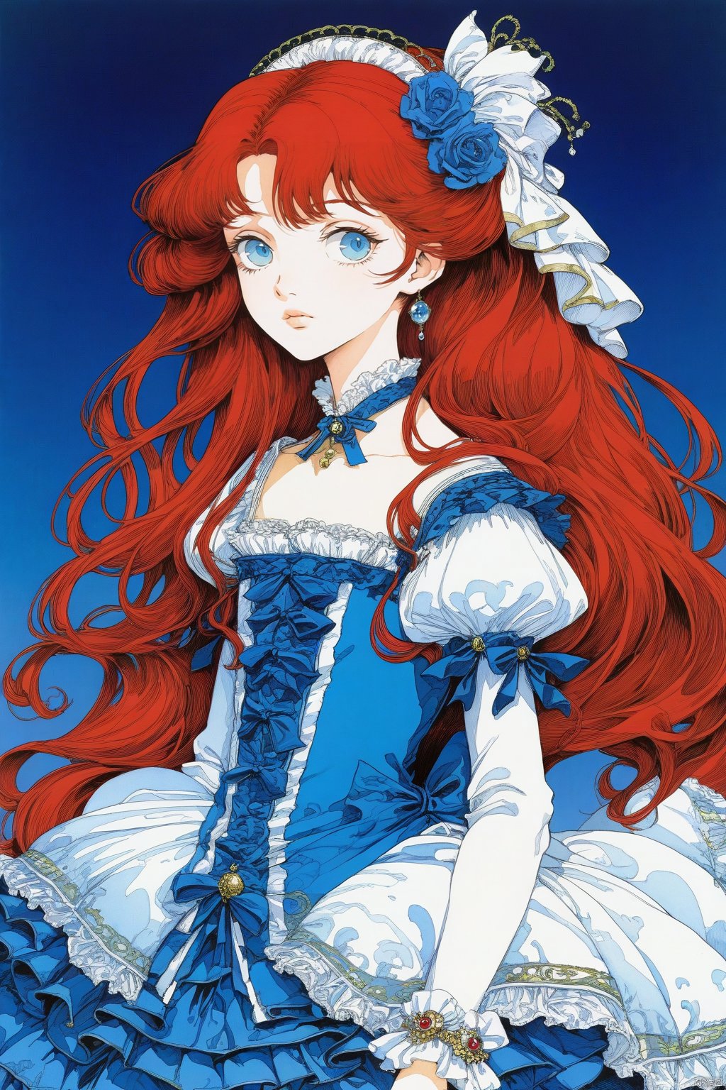  portrait, Long red hair, blue eyes, white skin, cute 12 year old skinny princess in a blue Rococo dress, artwork by Masamune Shirow.crazy colors