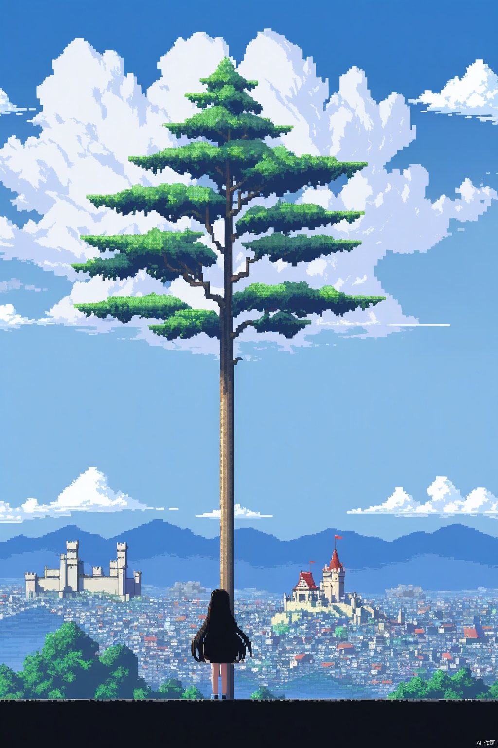  mty,tssj,pixel art,tree, cloud, cityscape, city, sky, building, solo, cloudy sky, bare tree, 1girl, castle, from behind, long hair, scenery