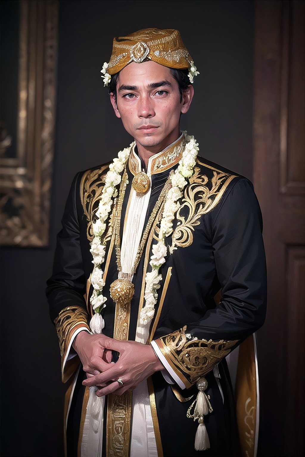 a man, solo, photography, portrait of a young  man wedding black dress java, ornament, ornate, detail, realistic, black background wearing blangkon ,Indonesian, blangkon, winking