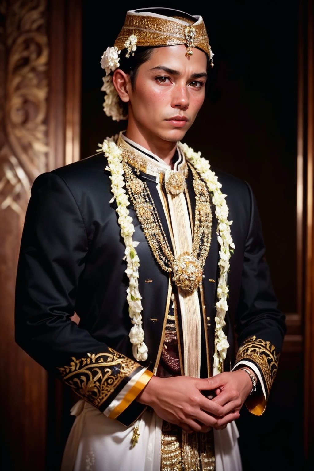 a man, solo, photography, portrait of a young  man wedding black dress java, ornament, ornate, detail, realistic, black background wearing blangkon ,Indonesian,blangkon