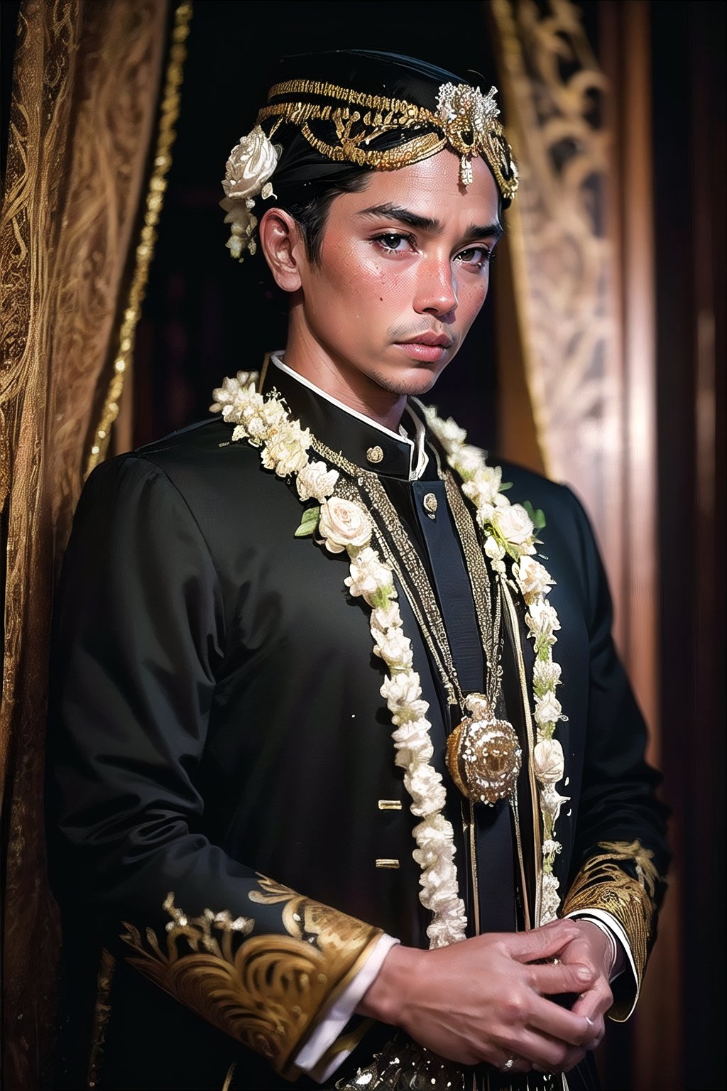 a man, solo, photography, portrait of a young  man wedding black dress java, ornament, ornate, detail, realistic, black background wearing blangkon ,Indonesian,blangkon