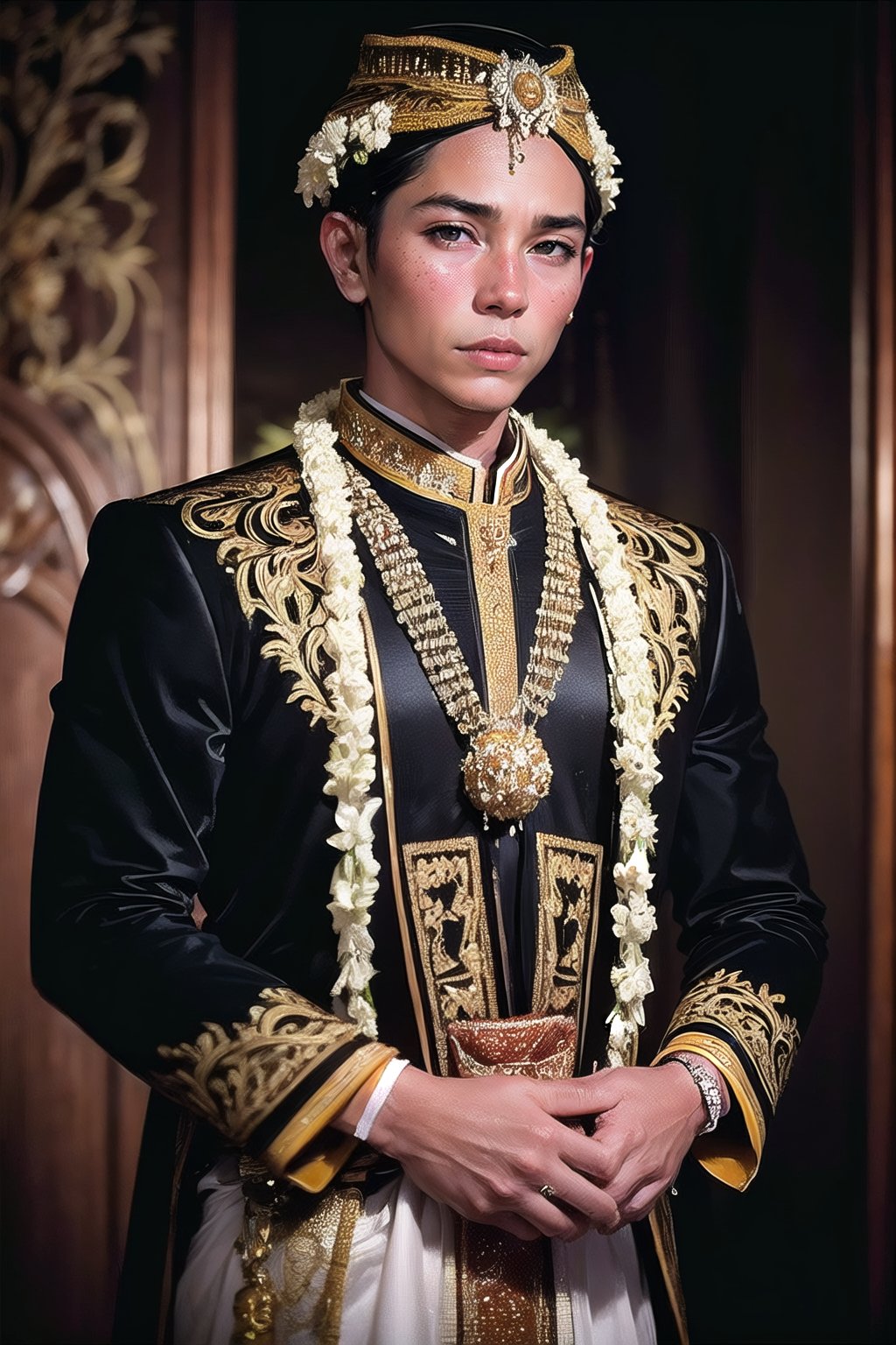 a man, solo, photography, portrait of a young  man wedding black dress java, ornament, ornate, detail, realistic, black background wearing blangkon ,Indonesian, blangkon, winking