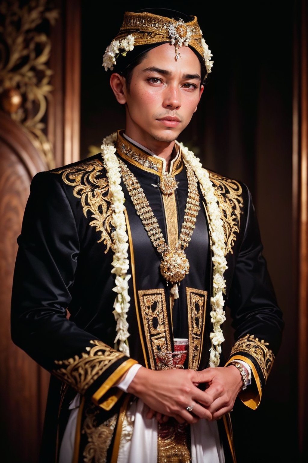 a man, solo, photography, portrait of a young  man wedding black dress java, ornament, ornate, detail, realistic, black background wearing blangkon ,Indonesian, blangkon, winking