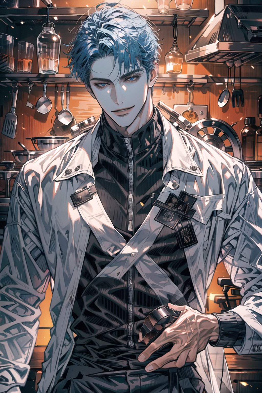 (cowboy_shot:1.1), 1boy, solo, adult, (mature:0.95), tall, handsome man, blue hair, sharp eyes, (smile:0.95), midjourney, jacket, black pants, in the room, kitchen, modern