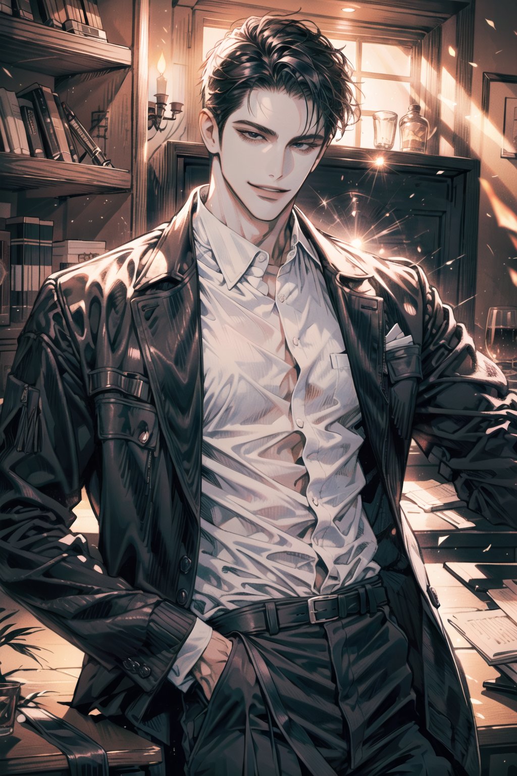 (cowboy_shot:1.1), 1boy, solo, adult, (mature:0.95), tall, handsome man, black hair, sharp eyes, (smile:0.95), midjourney, jacket, black pants, in the room