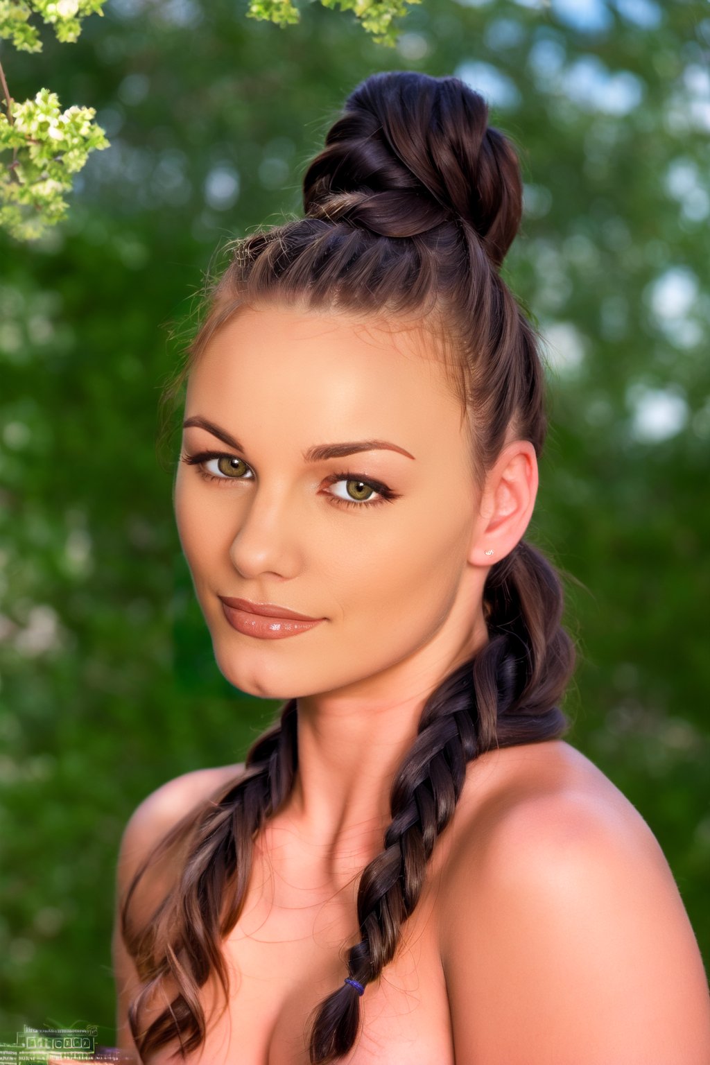 headshot,Nudity,Naked,Nude,No Clothes,Brown with streaks hair,face similar to kyla cole,Russian,pale skin,Long hair ponytail with braids Hairstyle,Defined eyebrows makeup,21 year old,Normal_big_breasts,headshot,Sunny Day Spring,Posing for a photo

