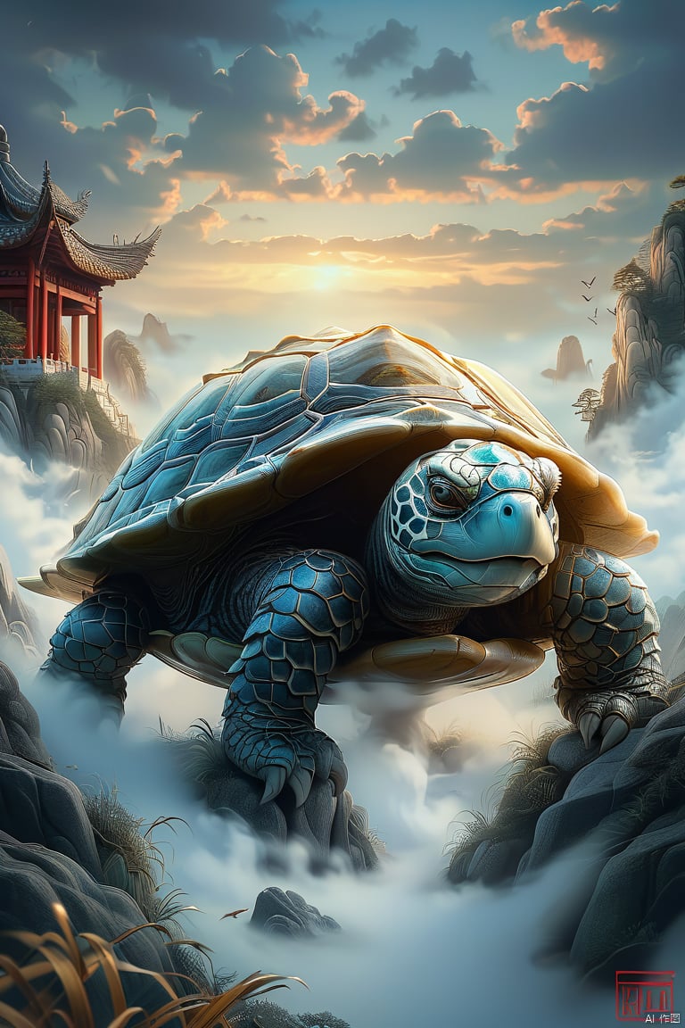 shanhaijing,Ancient Chinese mythical animal, turtle, solo, outdoors, sky, cloud, no humans, animal, cloudy sky