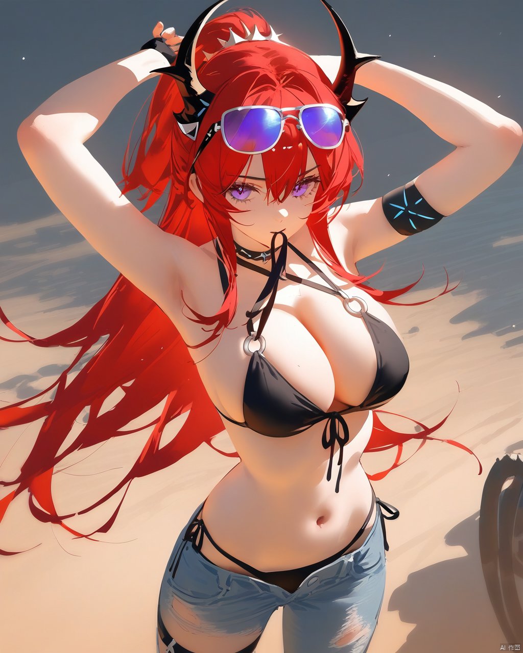  ((wlop)),nai3,konya karasue, realistic,god light, 1girl, breasts, surtr (arknights), long hair, red hair, solo, swimsuit, purple eyes, bikini, eyewear on head, armpits, horns, black bikini, mouth hold, navel, looking at viewer, front-tie top, torn pants, denim, large breasts, pants, open fly, torn clothes, sunglasses, stomach, gloves, black gloves, arms up, cowboy shot, fingerless gloves, jeans, very long hair, front-tie bikini top, cleavage, hair between eyes, hair tie in mouth, arm strap, bangs, bare shoulders, string bikini, torn jeans, tying hair, blue pants, standing, thigh strap, side-tie bikini bottom, halterneck, demon horns, star (symbol), o-ring