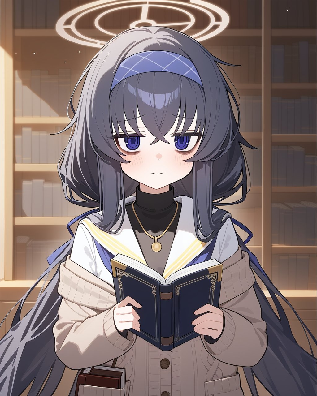 nai3, 1girl,  ui (blue archive),  solo,  book,  long hair,  black hair,  holding book,  holding,  hairband,  bangs,  bags under eyes,  blue hairband,  sailor collar,  blush,  long sleeves,  looking at viewer,  cardigan,  closed mouth,  white sailor collar,  hair between eyes,  school uniform,  halo,  upper body,  serafuku,  grey cardigan,  very long hair,  open book,  blue eyes,  purple eyes,  shirt,  crossed bangs,  ribbon,  black undershirt,  twintails,  bookshelf,  brown cardigan,  white serafuku