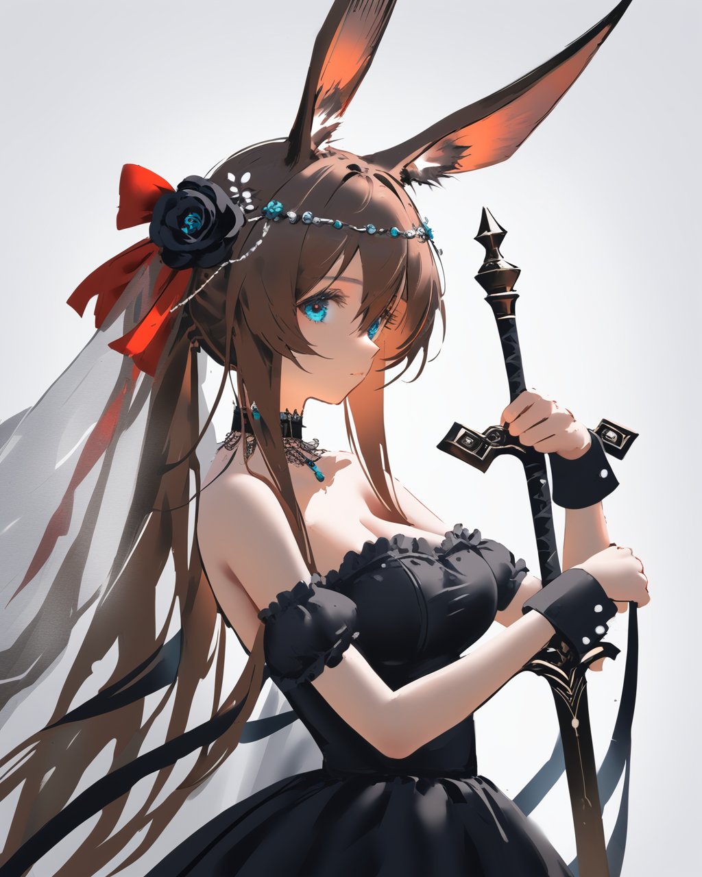 nai3,  god light, 1girl,  animal ears,  solo,  dress,  black dress,  blue eyes,  amiya (arknights),  rabbit ears,  long hair,  white background,  sword,  holding,  hair ornament,  weapon,  flower,  simple background,  looking at viewer,  brown hair,  breasts,  holding sword,  hair flower,  holding weapon,  black flower,  red ribbon,  veil,  bare shoulders,  choker,  ribbon,  medium breasts,  bangs,  alternate costume,  hair between eyes,  from side,  rose,  upper body,  strapless,  very long hair,  hair ribbon,  black rose,  closed mouth,  wrist cuffs,  strapless dress,  looking to the side,  sidelocks,  animal ear fluff,  rabbit girl,  detached sleeves,  black choker,  frills, wlop