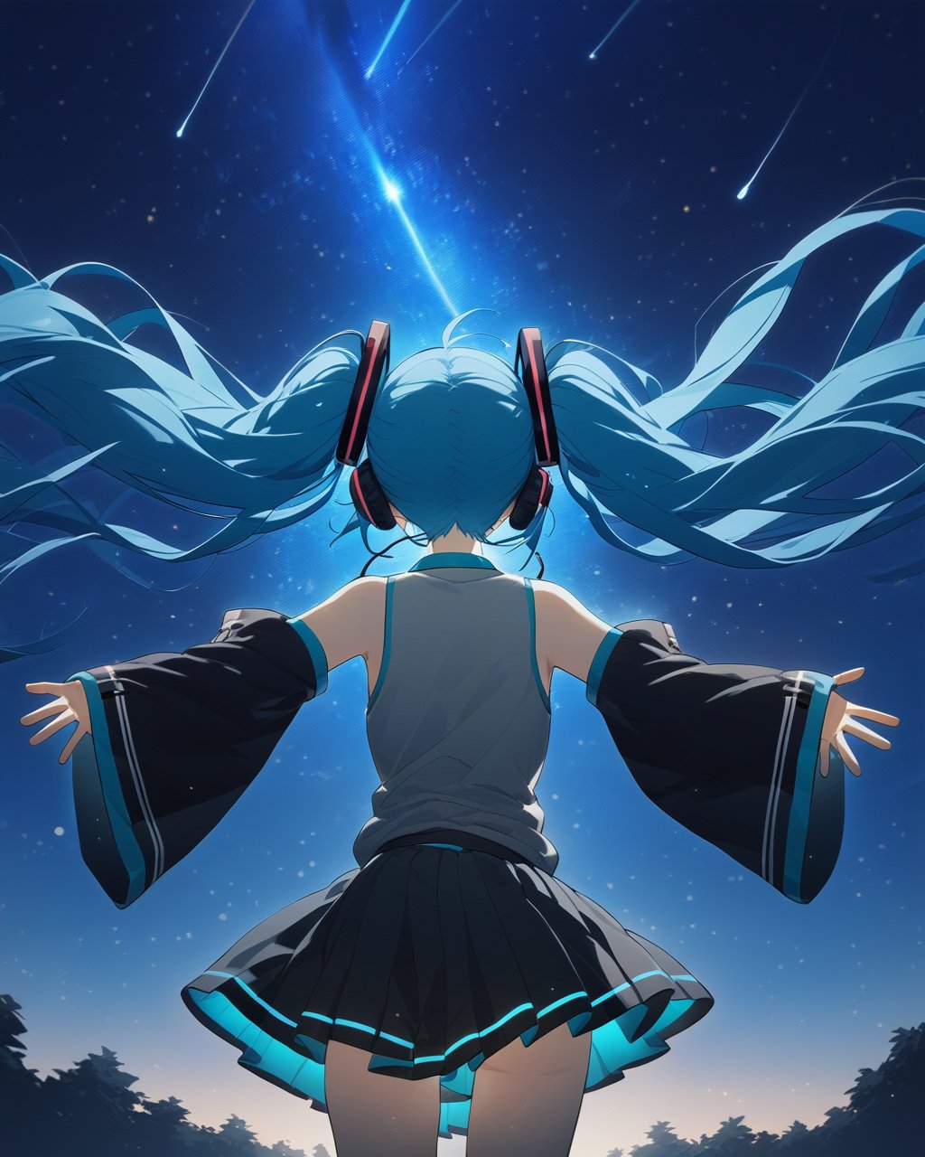 (konya karasue:1.3),  god light,  1girl,  long hair,  hatsune miku,  twintails,  detached sleeves,  skirt,  solo,  from behind,  very long hair,  shirt,  sleeveless shirt,  star (sky),  sky,  sleeveless,  black skirt,  hair ornament,  blue theme,  floating hair,  bare shoulders,  facing away,  tattoo,  pleated skirt,  night,  starry sky,  blue hair,  night sky,  aqua hair,  black sleeves,  light particles,  backlighting,  wide sleeves,  headphones,  grey shirt,  shooting star,  cowboy shot,  outstretched arms,  sleeves past wrists,  long sleeves