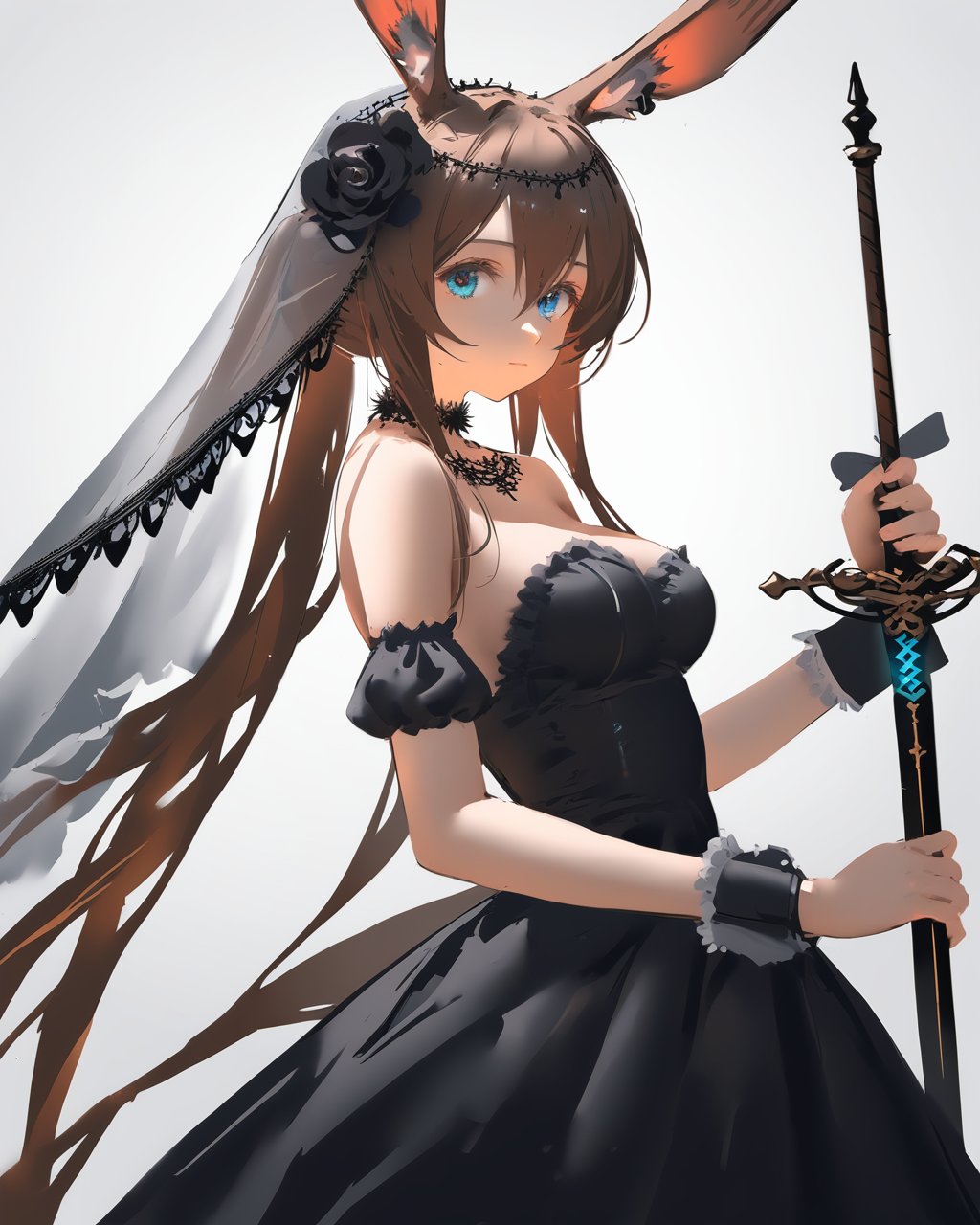 nai3,  god light, 1girl,  animal ears,  solo,  dress,  black dress,  blue eyes,  amiya (arknights),  rabbit ears,  long hair,  white background,  sword,  holding,  hair ornament,  weapon,  flower,  simple background,  looking at viewer,  brown hair,  breasts,  holding sword,  hair flower,  holding weapon,  black flower,  red ribbon,  veil,  bare shoulders,  choker,  ribbon,  medium breasts,  bangs,  alternate costume,  hair between eyes,  from side,  rose,  upper body,  strapless,  very long hair,  hair ribbon,  black rose,  closed mouth,  wrist cuffs,  strapless dress,  looking to the side,  sidelocks,  animal ear fluff,  rabbit girl,  detached sleeves,  black choker,  frills, wlop