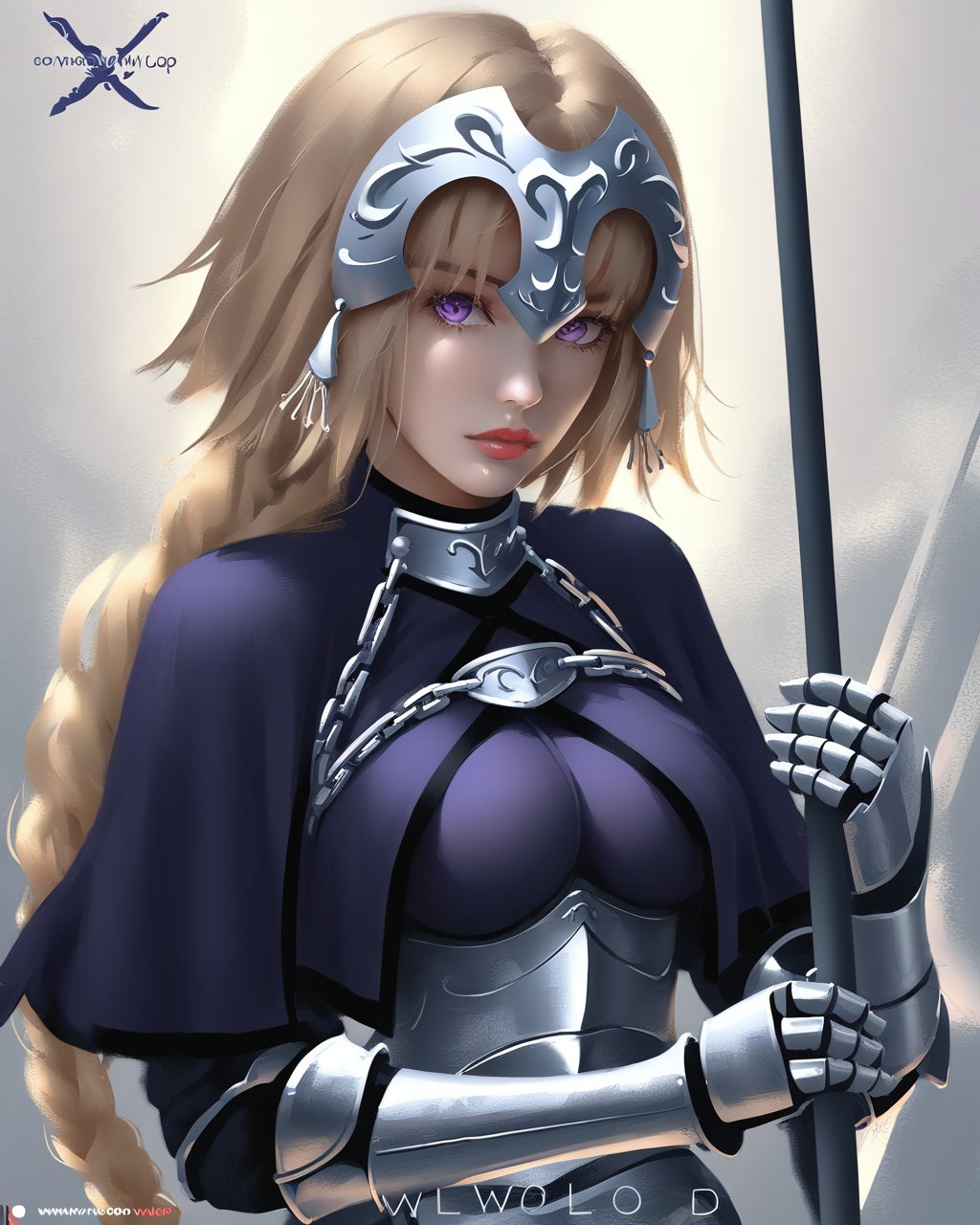 wlop, 1girl,  armor,  blonde hair,  long hair,  jeanne d'arc (fate),  weapon,  jeanne d'arc (ruler) (fate),  braid,  gauntlets,  sword,  helmet,  headpiece,  single braid,  purple eyes,  armored dress,  artist name,  capelet,  holding,  looking at viewer,  polearm,  lips,  holding weapon