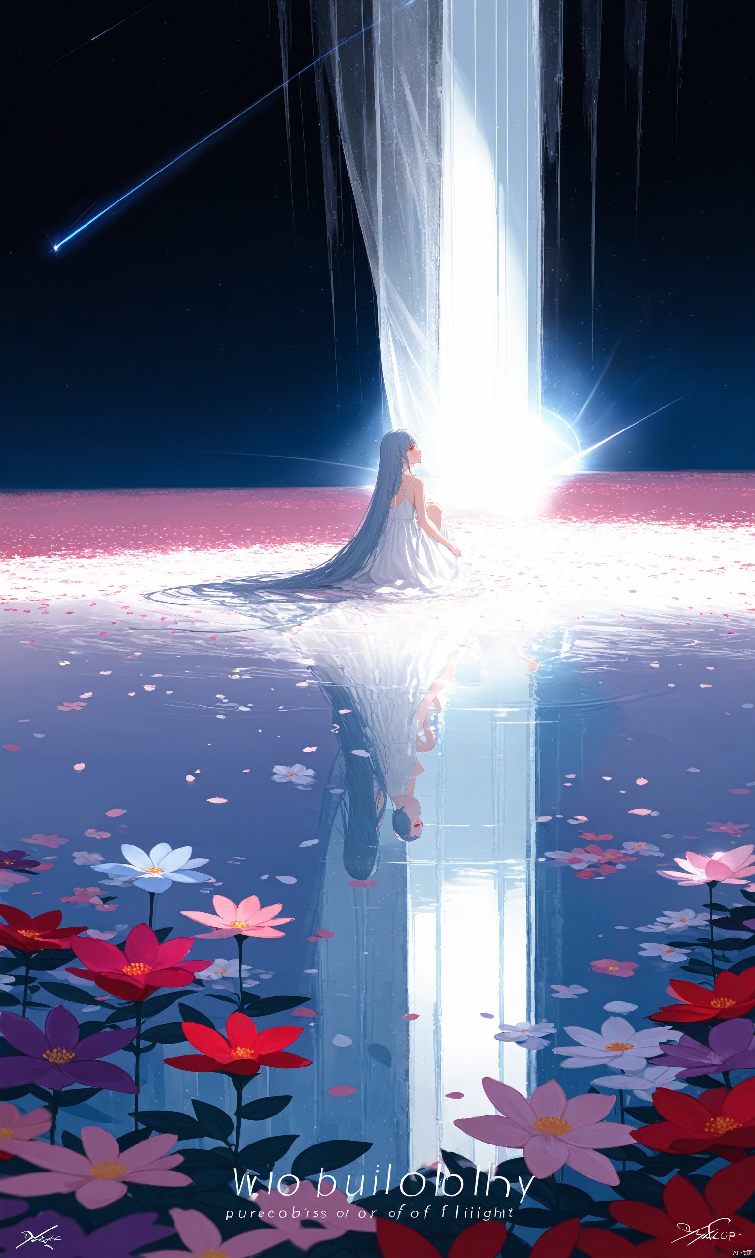  (masterpiece),(best quality),
 best quality,masterpiece,illustration,(reflection light),incredibly absurdres,(Movie Poster),(signature:1.3),(English text:1.3),1girl,girl middle of flower,pure skyblue hair,red eyes,clear sky,outside,collarbone,sitting,absurdly long hair,clear boundaries of the cloth,white dress,fantastic scenery,ground of flowers,thousand of flowers,colorful flowers,flowers around her,various flowers,