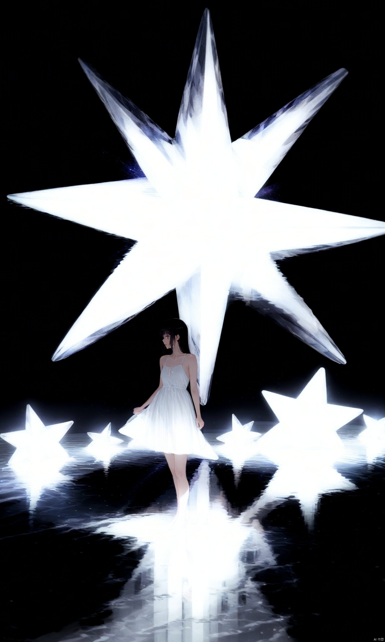  (masterpiece),(best quality),
 1girl, solo, long hair, black hair, dress, bare shoulders, standing, sky, barefoot, sleeveless, water, white dress, sleeveless dress, star \(sky\), starry sky, reflection, crystal