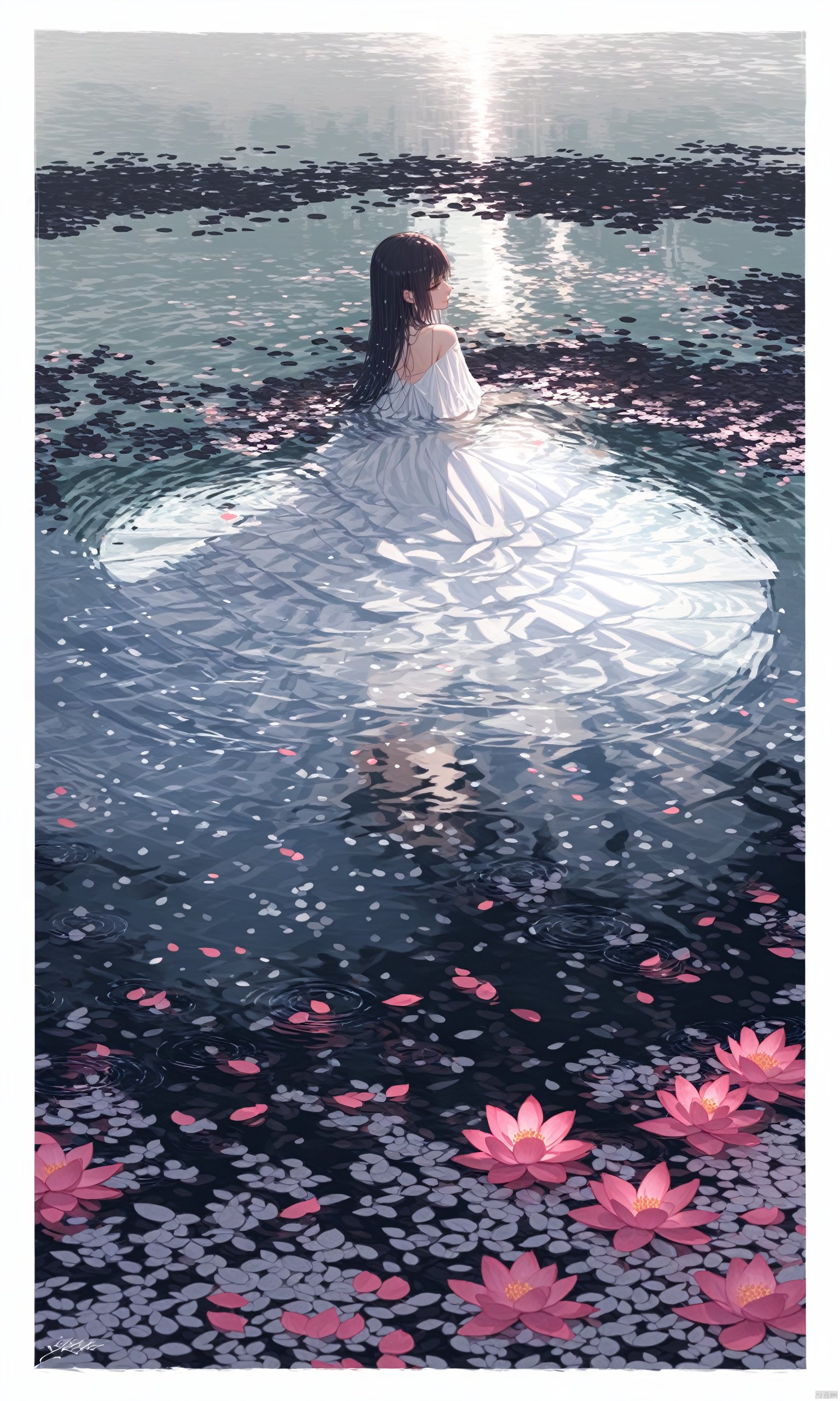  (masterpiece),(best quality),
 1girl, long hair, black hair, dress, flower, barefoot, signature, water, white dress, petals, border, plant, white border, reflection, branch, ripples