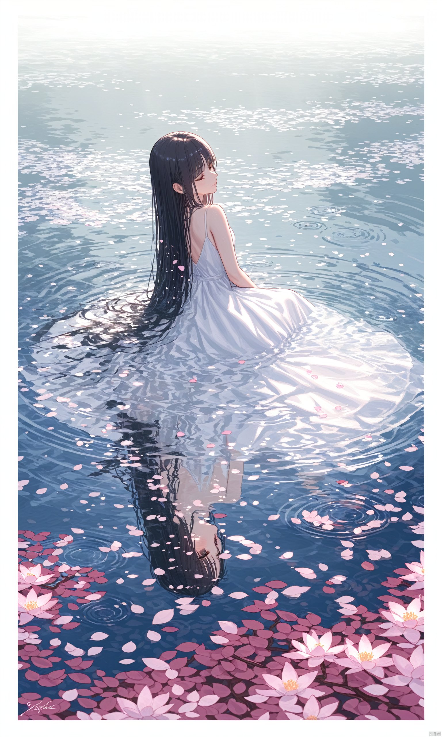  (masterpiece),(best quality),
 1girl, long hair, black hair, dress, flower, barefoot, signature, water, white dress, petals, border, plant, white border, reflection, branch, ripples