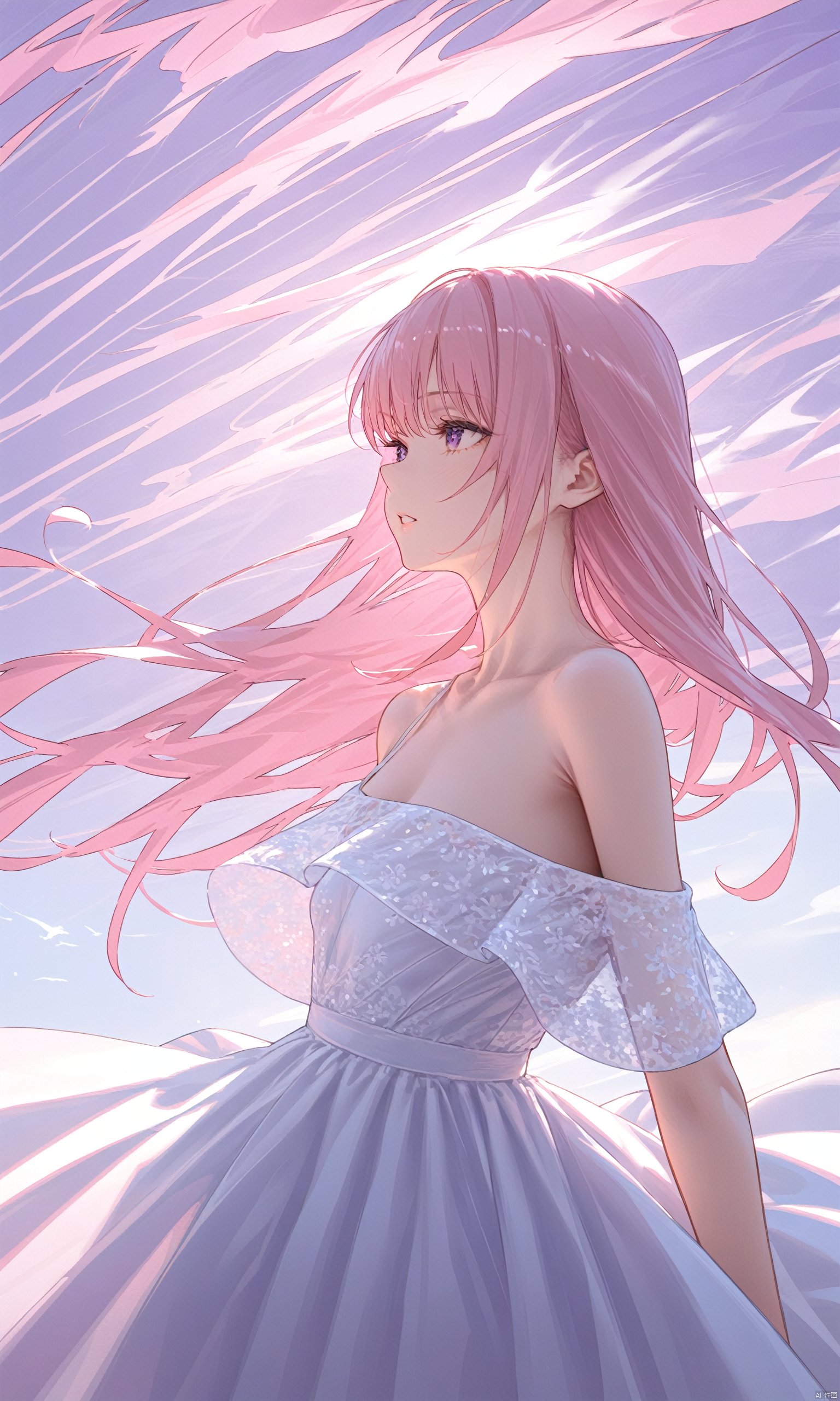  (masterpiece),(best quality),
 1girl, solo, long hair, dress, bare shoulders, purple eyes, collarbone, upper body, pink hair, parted lips, off shoulder, white dress, floating hair, looking away, wind