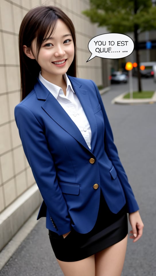 (best quality, masterpiece:1.2),ultra detailed,(photo realistic:1.4),solo,cute girl,business suit,mini skirt,lite smile, bubble in text 'WHY?',(speech_bubble:1.3)