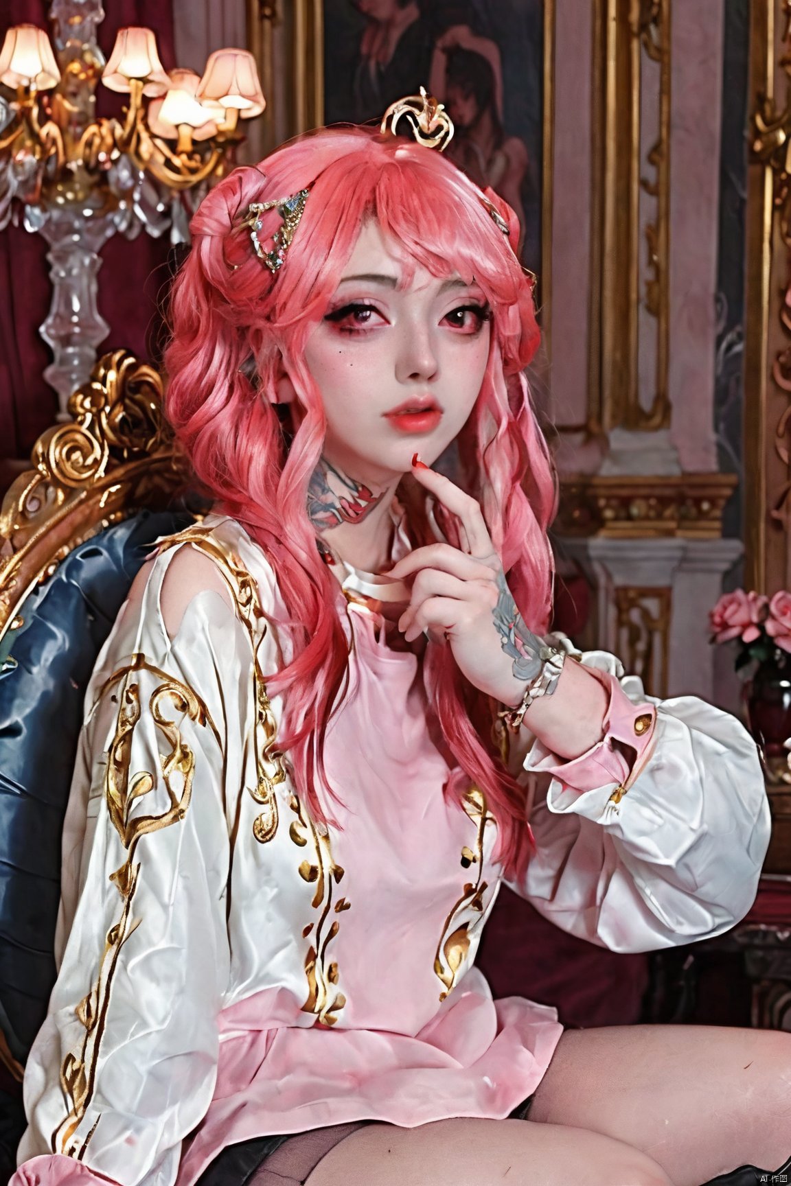 1girl,tuzi,pink hair,Charming eyes, slightly parted pink lips, one hand touching her face, one hand touching her lower body, drunkenly,red sweetshirt,sissy,sexy pose,sitting in palace,master piece,best quality