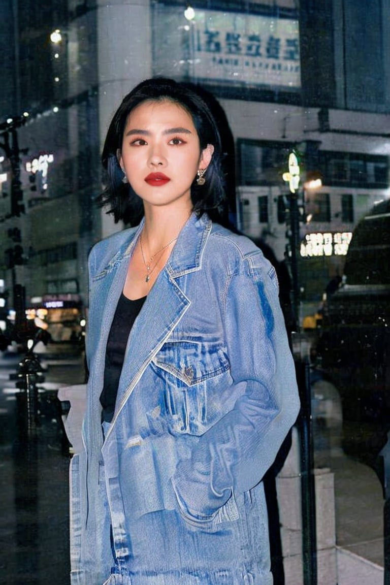 1girl,  solo,  looking at viewer,  short hair,  skirt,  black hair,  jewelry,  jacket,  earrings,  necklace,  black eyes,  hand on hip,  denim,  blue jacket,  realistic,  denim jacket,<lora:EMS-271389-EMS:0.800000>,<lora:EMS-15979-EMS:0.800000>