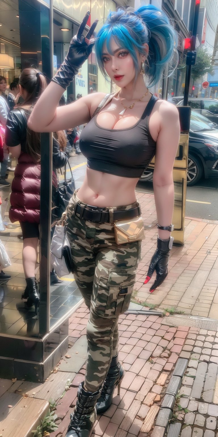 masterpiece, best quality, highres, 1girl, leona heidern, solo, blue eyes, blue hair, ponytail, tank top, camouflage pants, jewelry, boots, cleavage, camouflage, bare shoulders, large breasts, crop top, pouch, bangs, belt, earrings, sleeveless, midriff, long hair, military, triangle earrings, black gloves, dynamic pose, cowboy shot:1.3,clearire1,Cici