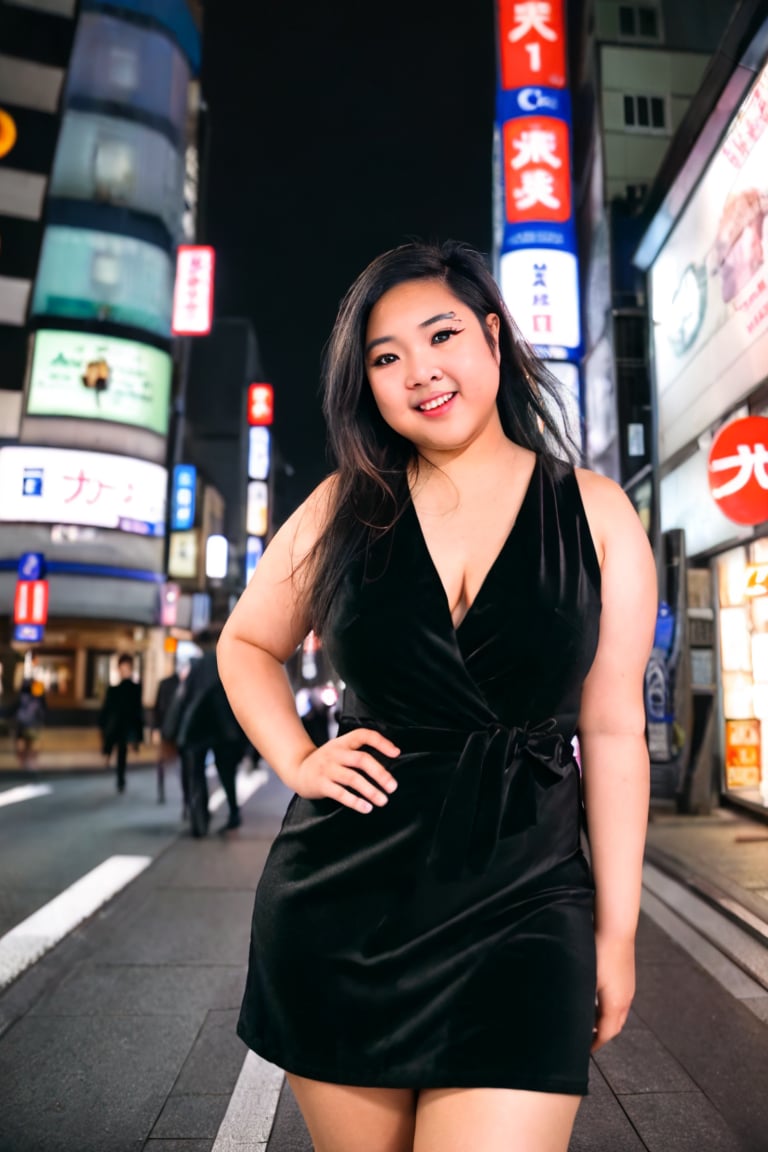 1girl, filipino, chubby, short, dearest, happy, smile,  head tilt, realistic skin, black sexy dress, nighttime, busy street in Tokyo, CANON AE-1:1.1,  32mm,realistic