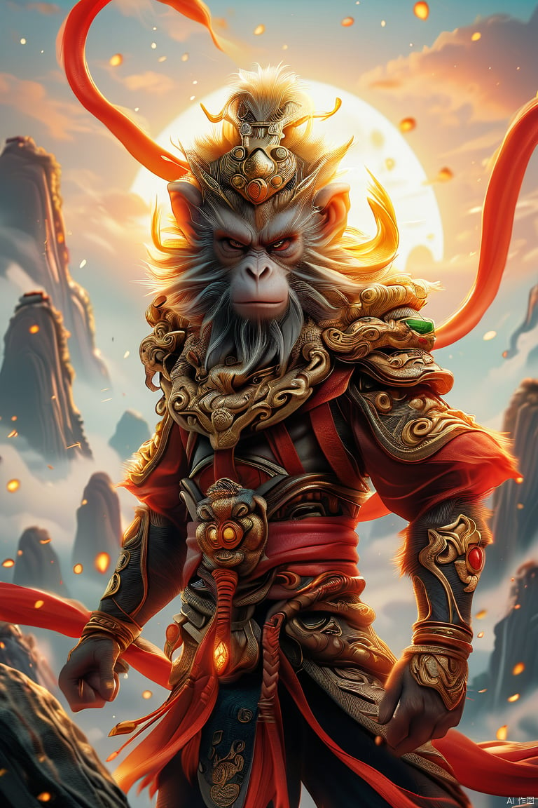 sunwukong,(masterpiece:1.3),(8K, realistically, RAW photogr, Best quality at best:1.4),solo,1Monkey King, glowing eyes