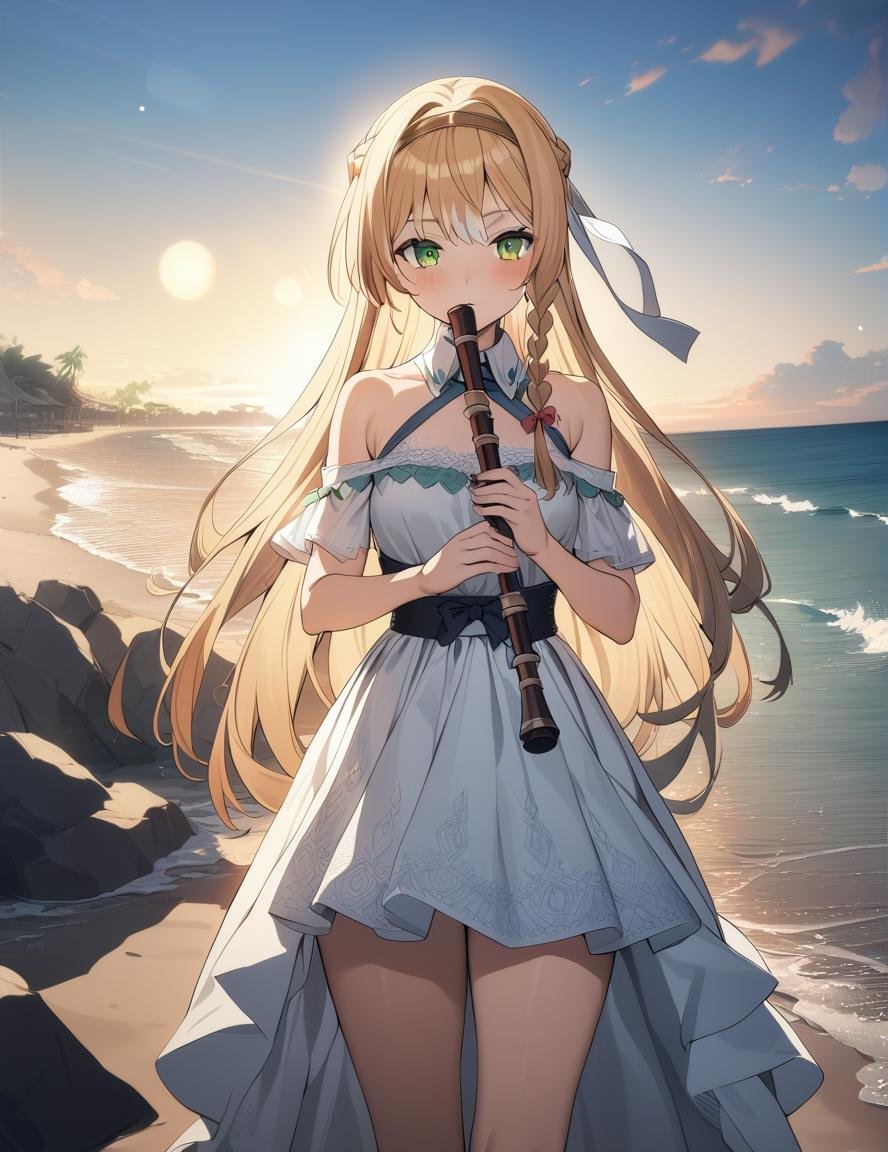 1girl, klaudia, green eyes, long hair, blonde hair,braid, solo,green eyes, cowboy shot, looking at viewer,  beach, playing instrument, flute,(masterpiece), (best quality), (ultra-detailed), illustration, perfect composition, intricate details, moist skin, intricate details, HDR, bokeh,<lora:my_klaudiaXL:0.8>