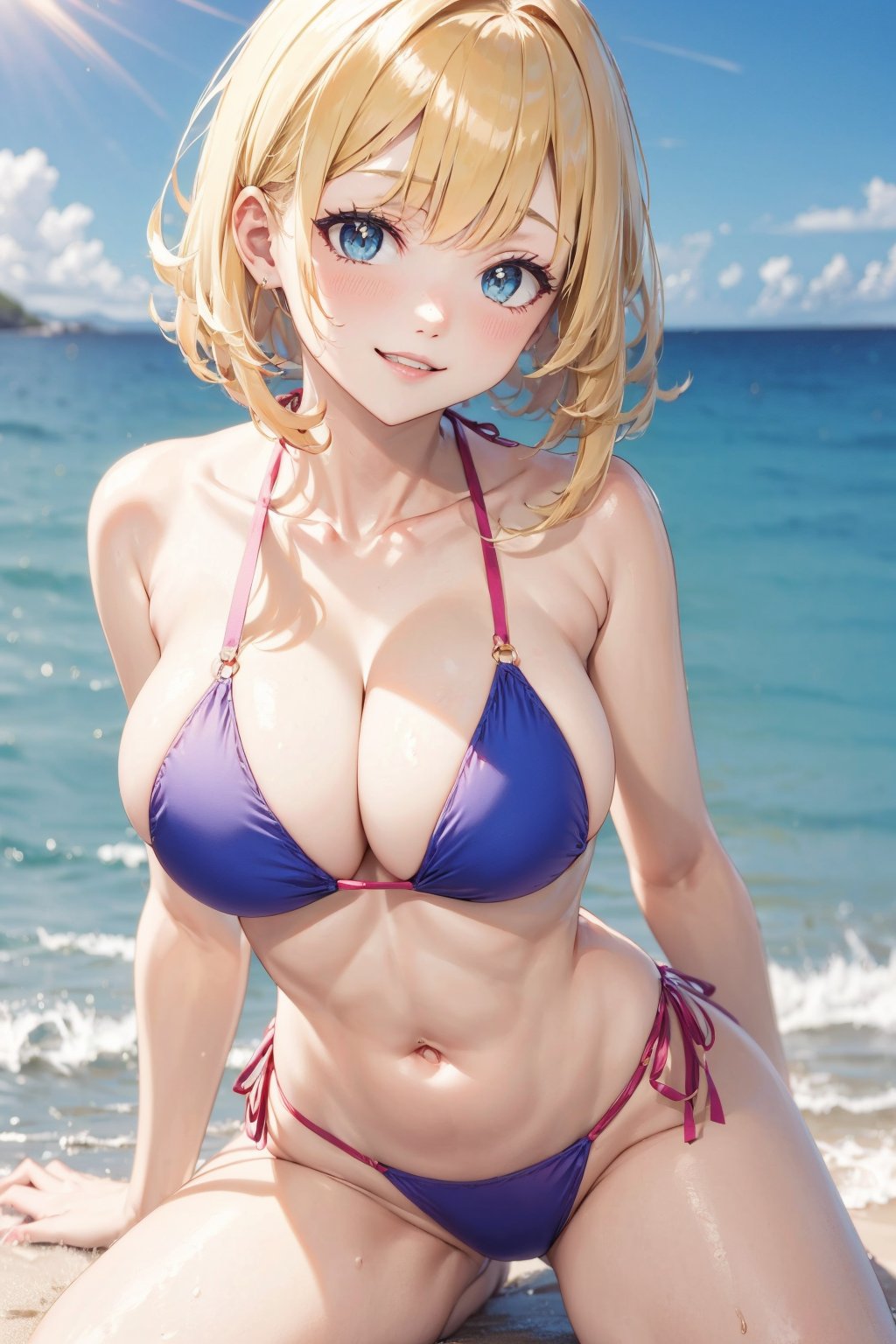 Cute girl wearing a bikini,beach ,sunlight,blonde hair,short hair,bending,sexy pose,breasts,photorealistic,REIOVABIKINI