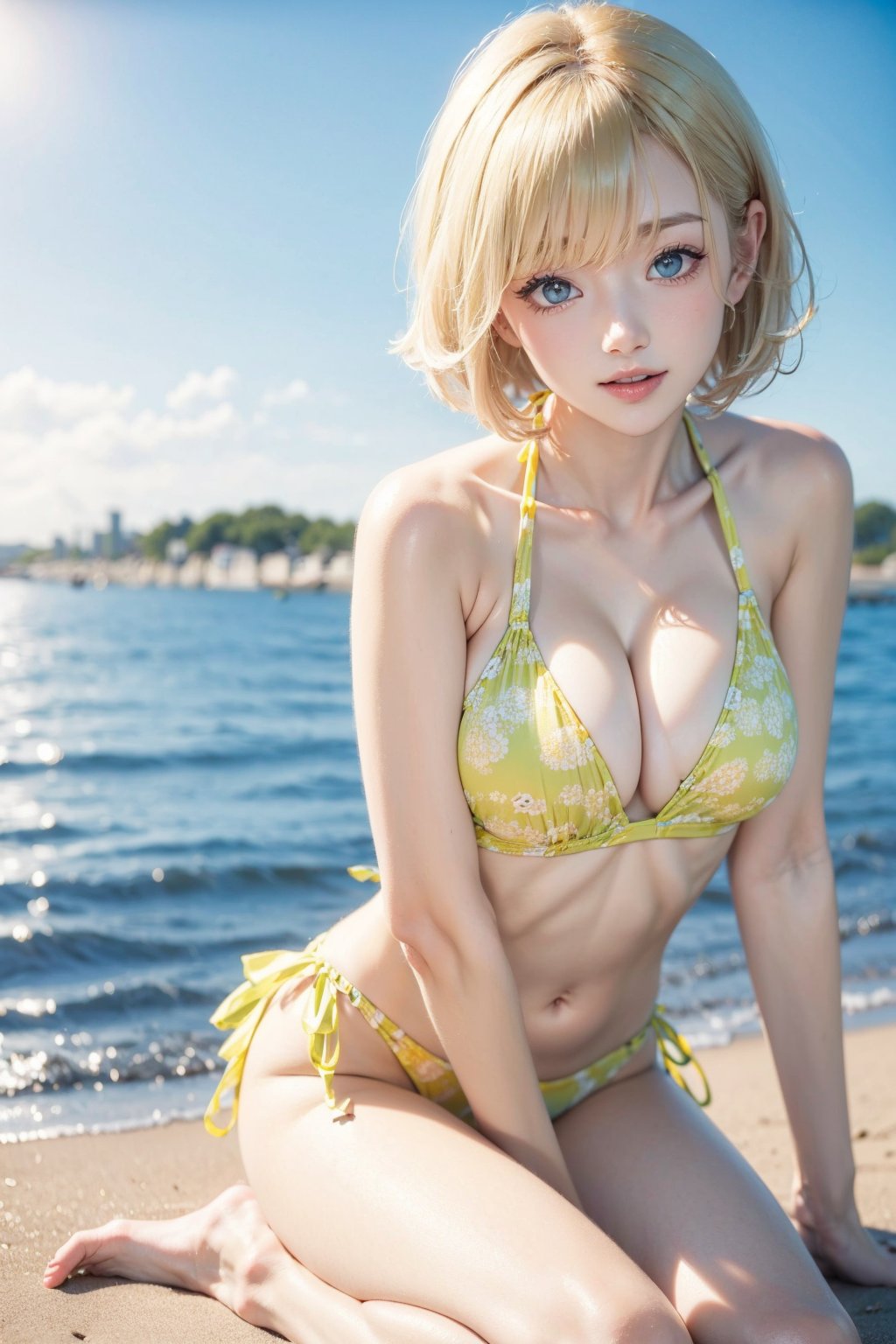 Cute girl wearing a bikini,beach ,sunlight,blonde hair,short hair,bending,sexy pose,breasts,photorealistic,REIOVABIKINI