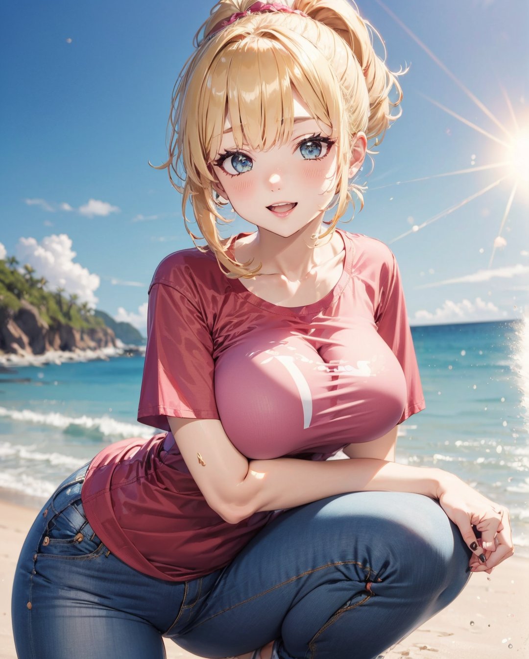 Cute girl wearing a t shirt and jeans,beach ,sunlight,blonde hair,ponytail,bending,sexy pose,breasts,photorealistic