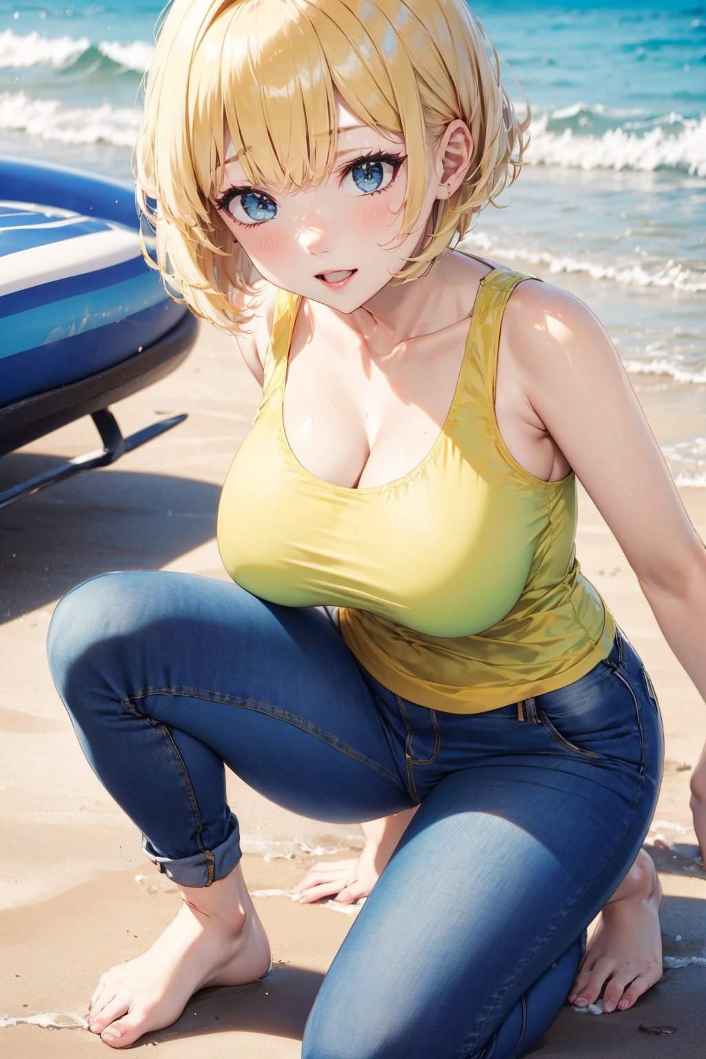 Cute girl wearing a t shirt and jeans,beach ,sunlight,blonde hair,short hair,bending,sexy pose,breasts,photorealistic